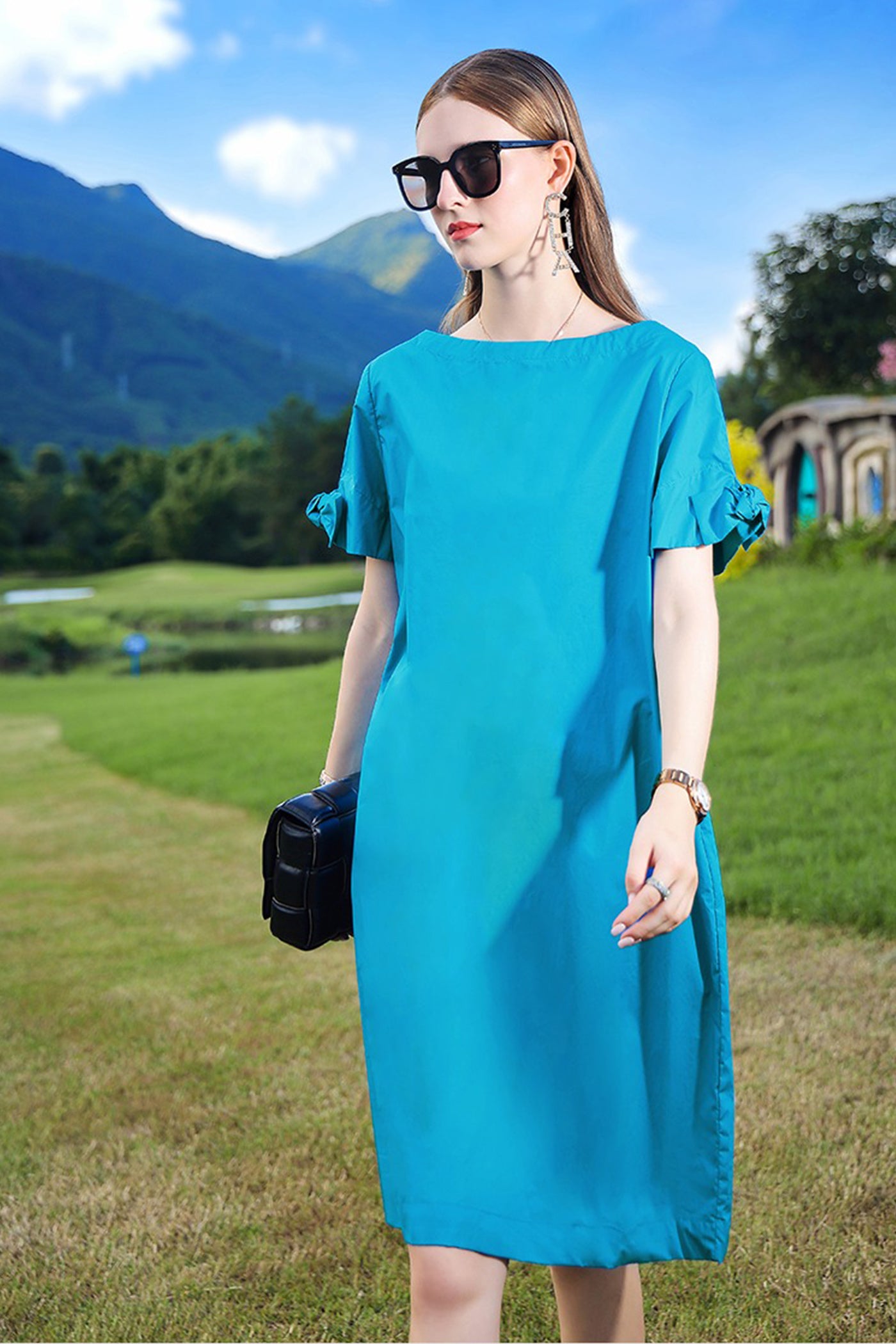 Kamilan Women's Dress Short Sleeve A-Line Midi Dress Summer 2025 Casual Loose Fit Pullover Blue Knee Length Dress