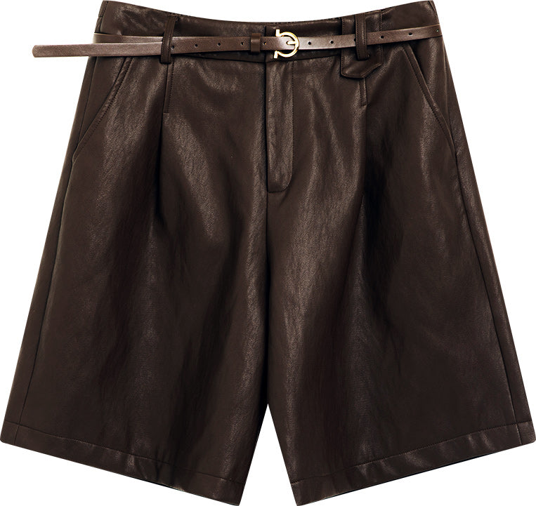 KAMILAN Women's French Style High-Waist PU Leather Shorts – 2025 Autumn New Straight-Leg Versatile Pants