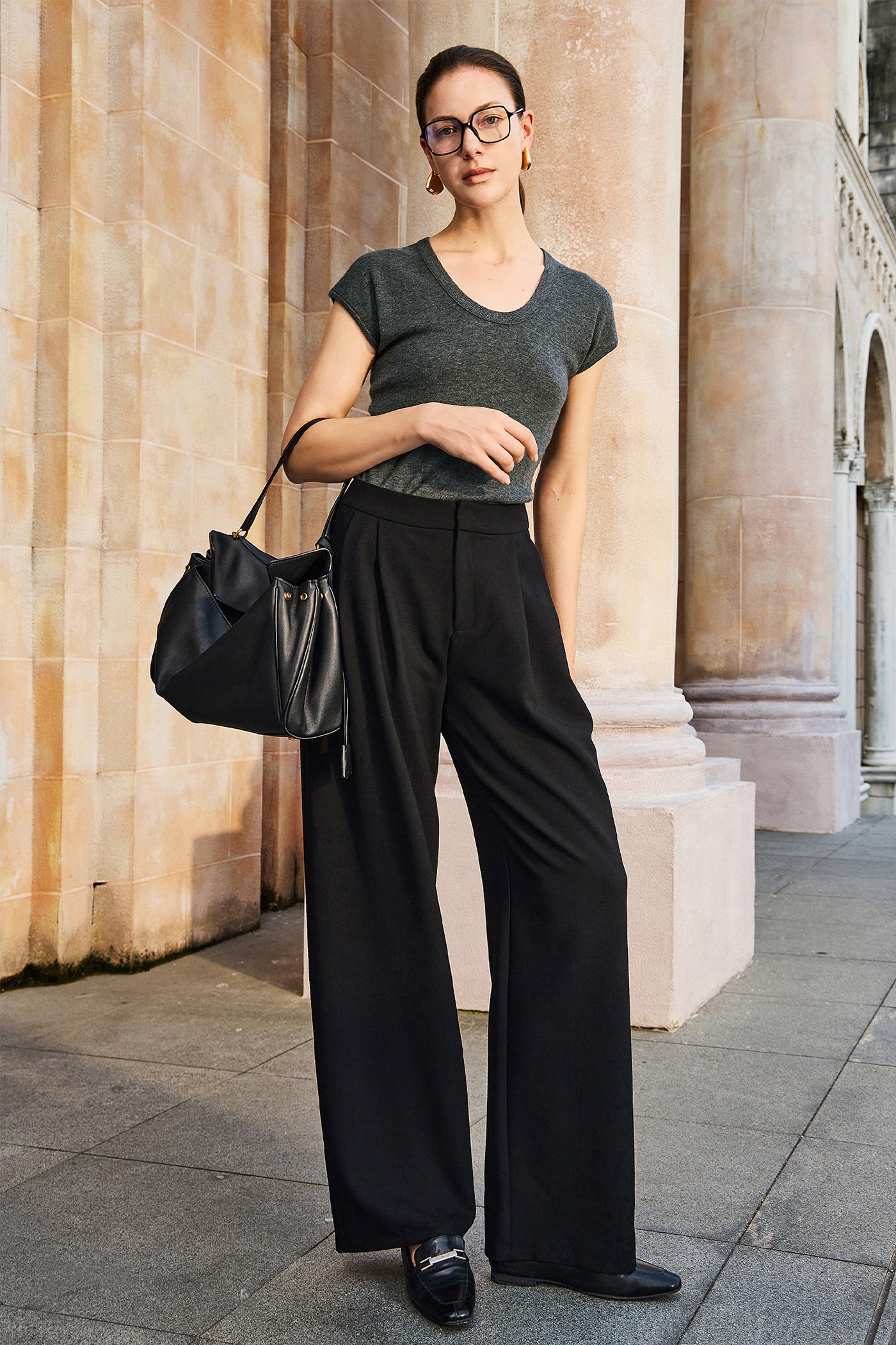 KAMILAN Women's High-Waisted Wide-Leg Pants – 2025 Autumn New Loose Fit Straight-Leg Trousers in Angora Red