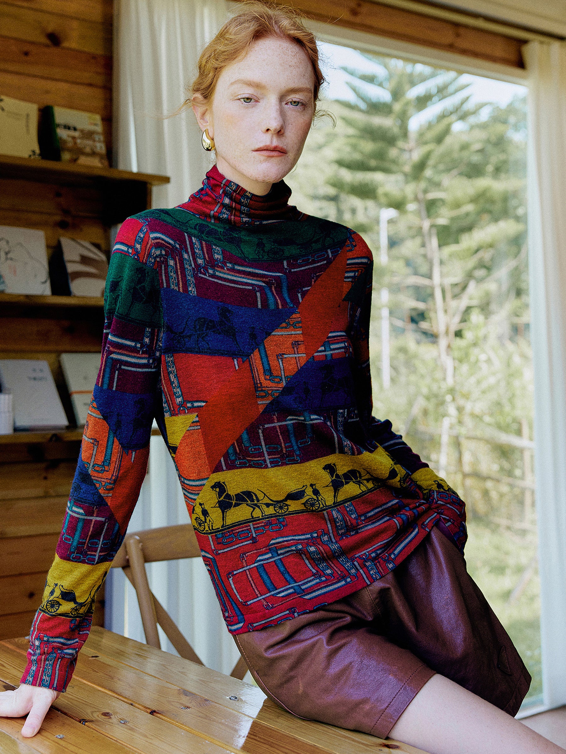 KAMILAN Women’s 2025 Fall 100% Merino Wool Printed Mock-Neck Knit Sweater Elegant Fine Long-Sleeve Pullover Top