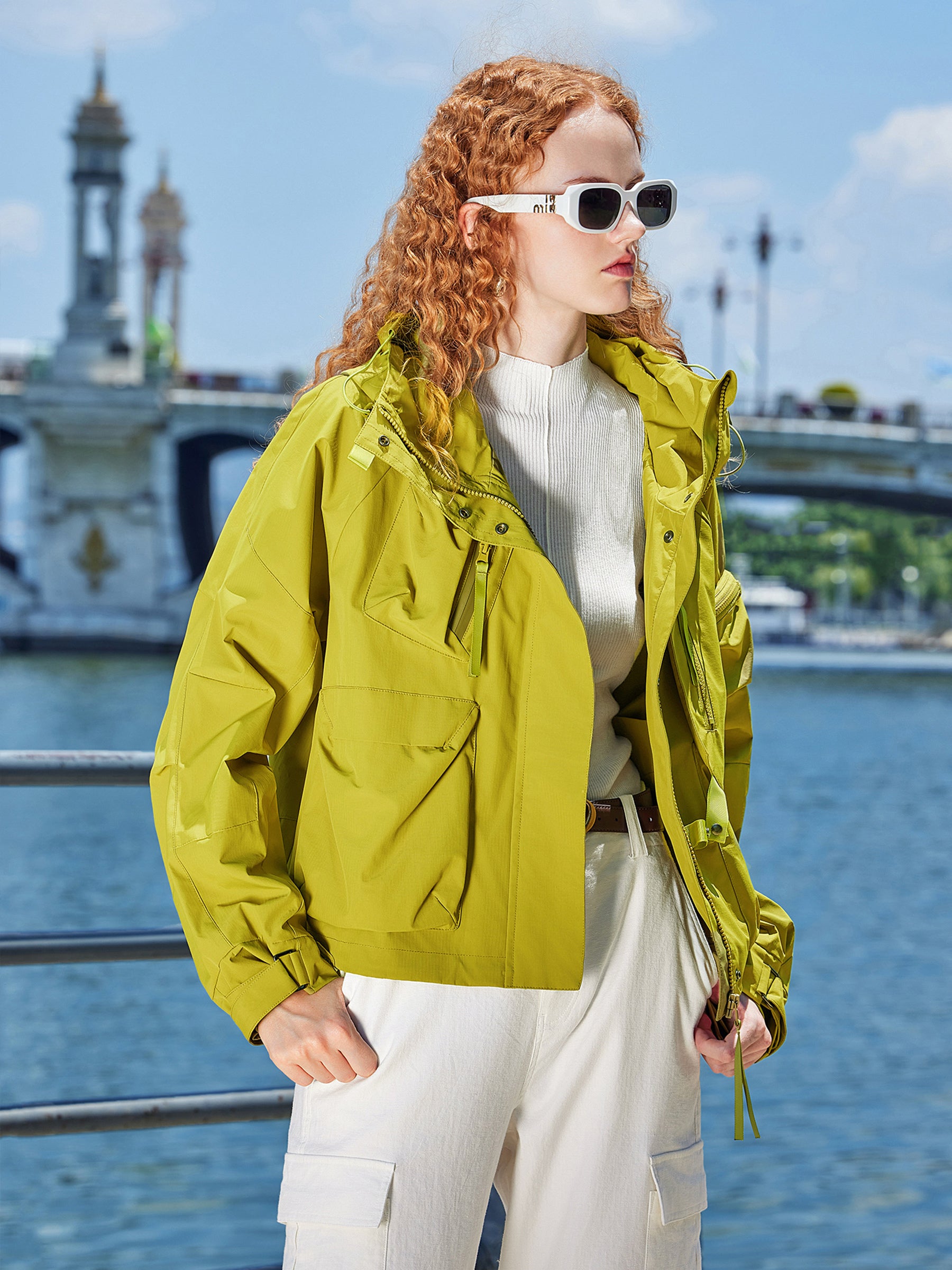 KAMILAN Women’s 2025 Fall Short Hooded Polyester Trench Coat Water-Repellent Casual Loose-Fit Jacket Olive Yellow