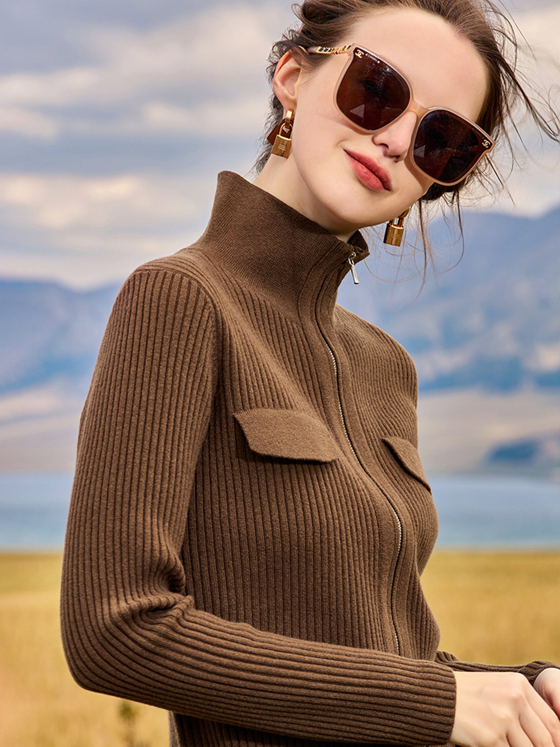 KAMILAN Women’s 2025 Fall Wool Blend Stand-Collar Zip-Up Street Style Straight Knit Jacket