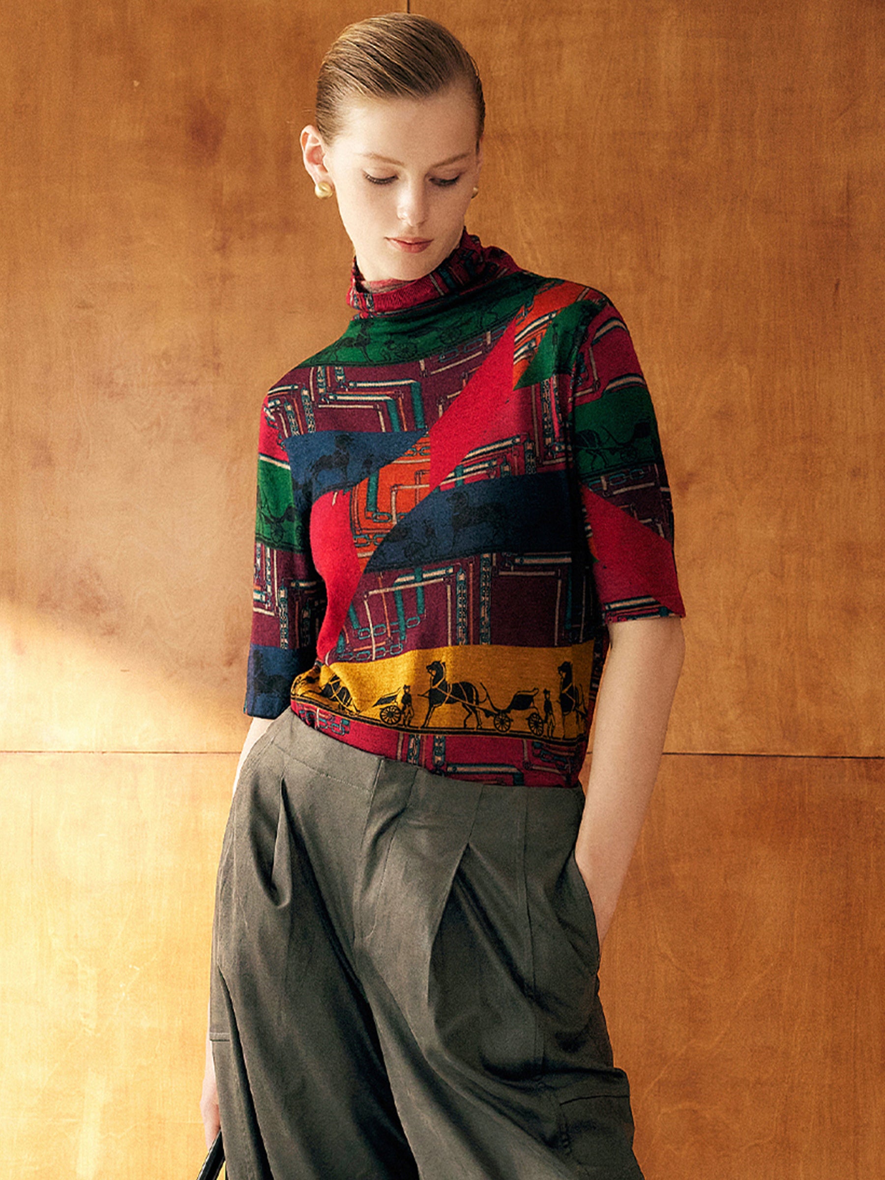 KAMILAN Women’s 2025 Fall 100% Merino Wool Printed Mock-Neck Knit Sweater Elegant Fine Long-Sleeve Pullover Top