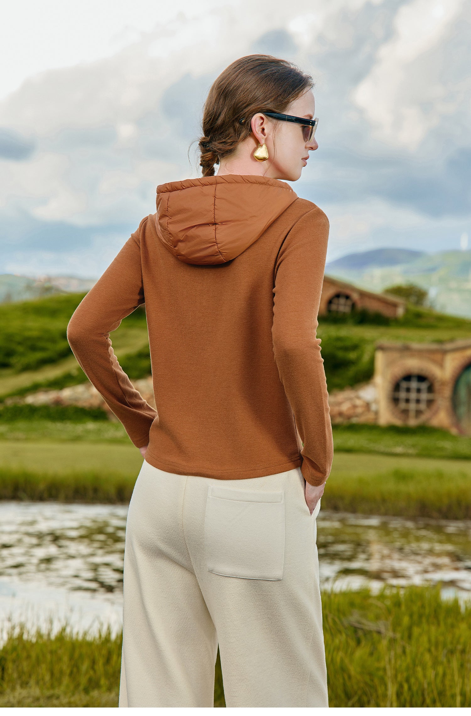 KAMILAN French-style fashion knitted patchwork hooded sweatshirt for women, 2025 autumn new long-sleeve sports top jacket