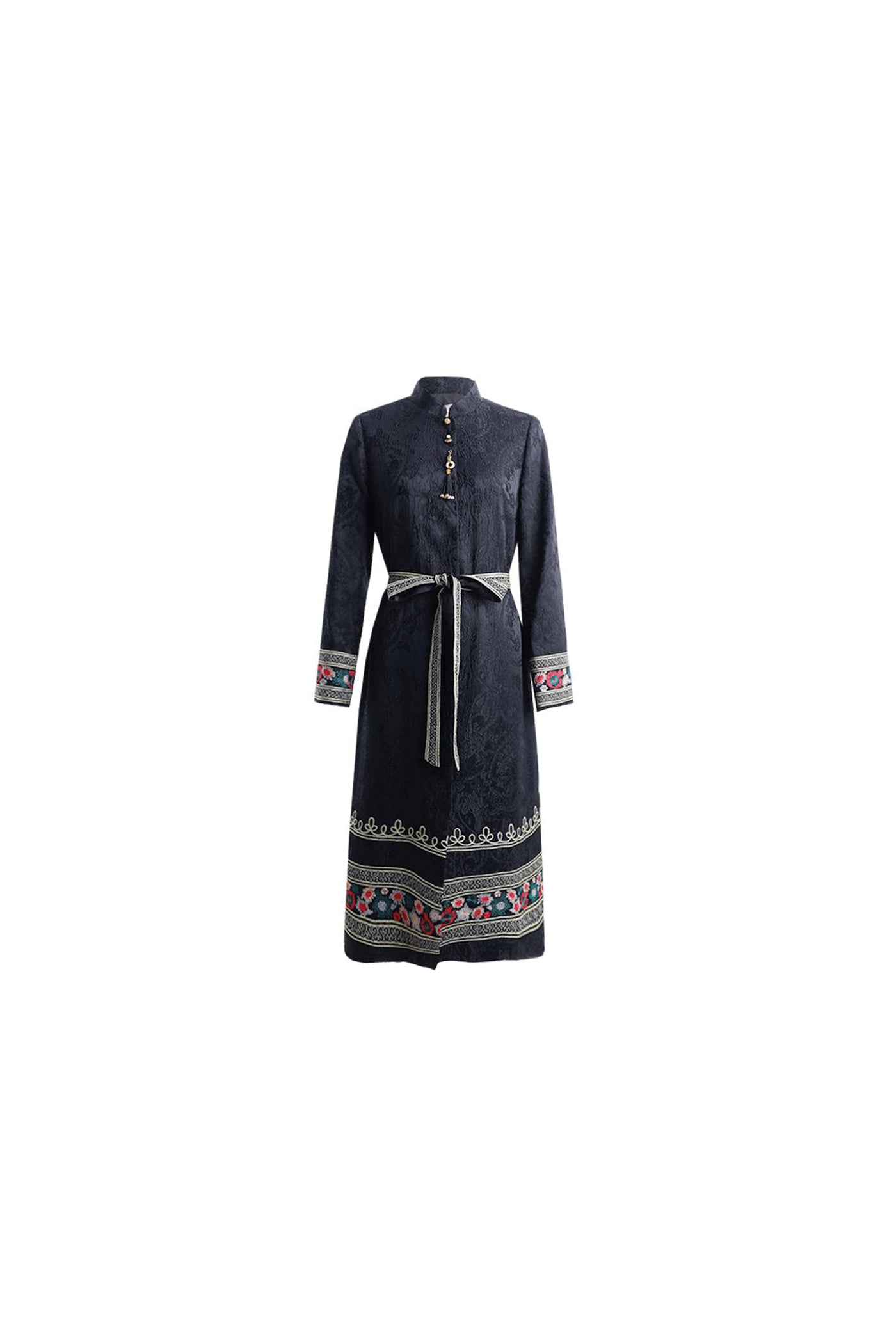 KAMILAN New Chinese Style Embroidered Trench Coat – 2025 Autumn Elegant Long Flared Hem Casual Outerwear