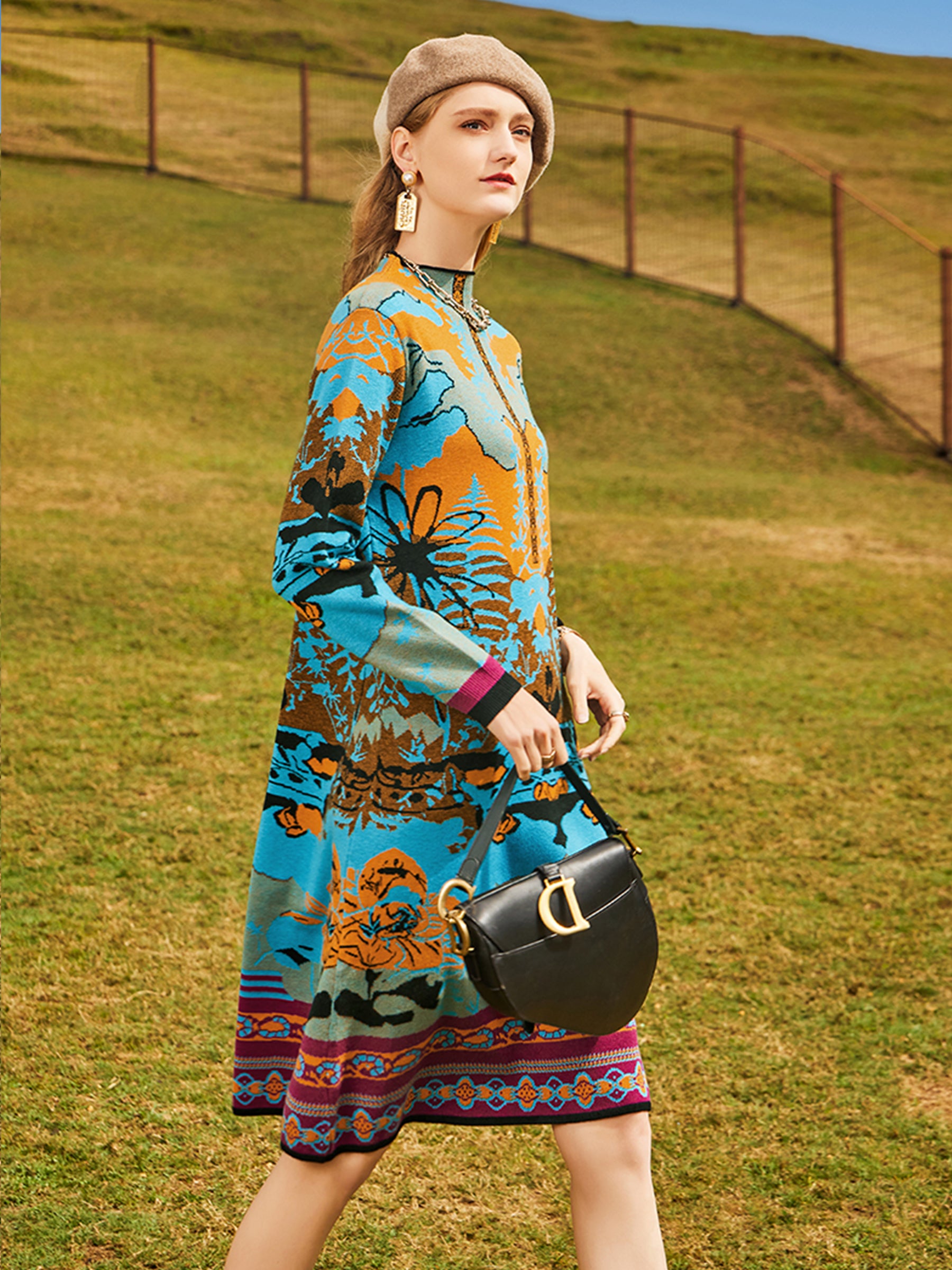 KAMILAN Women’s 2025 Fall A-Line Long-Sleeve Printed Knit Dress Loose-Fit Round-Neck Pullover Midi Dress