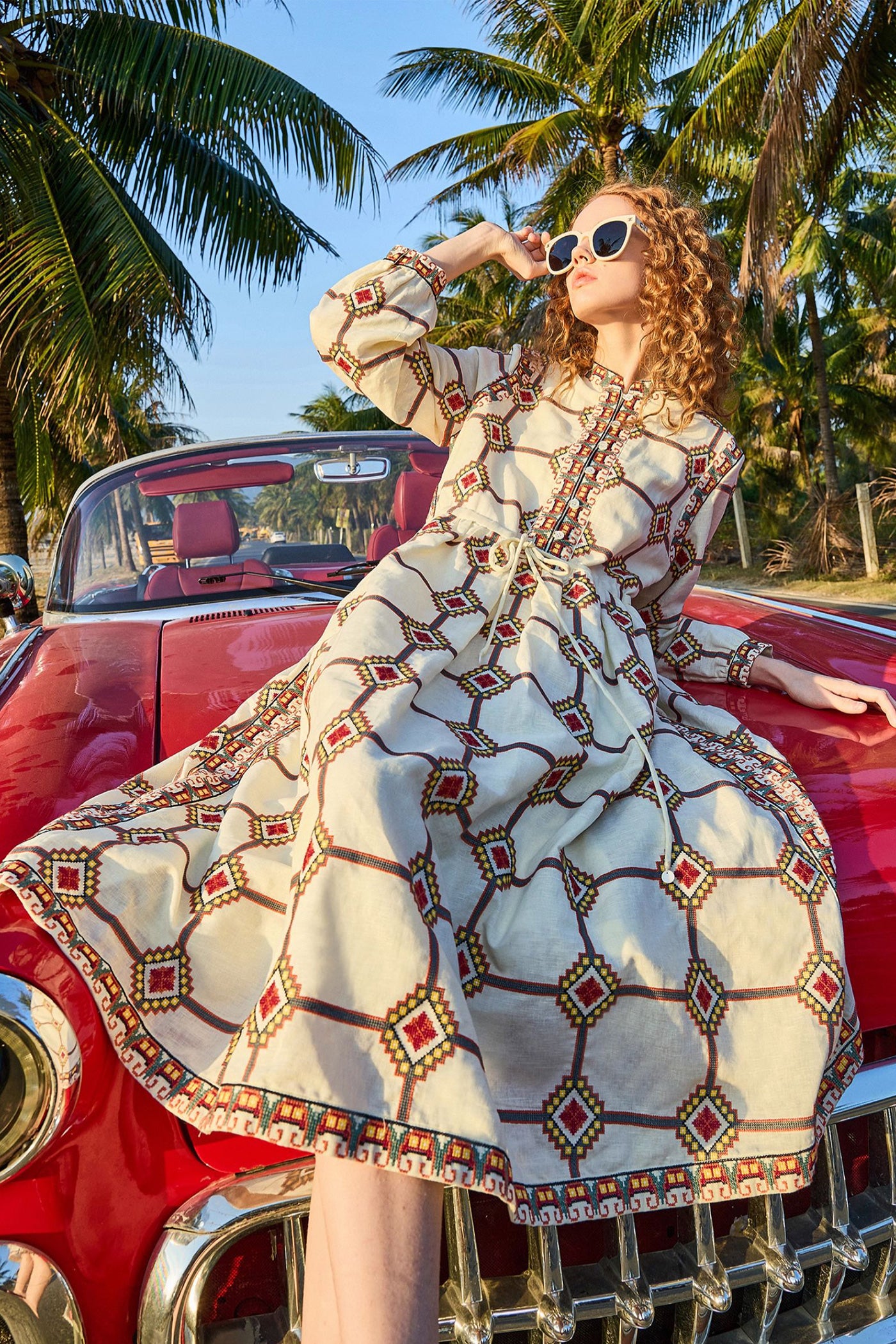 Camillo French small stand up collar high waisted dress for women in the spring of 2025, mid length embroidered A-line skirt