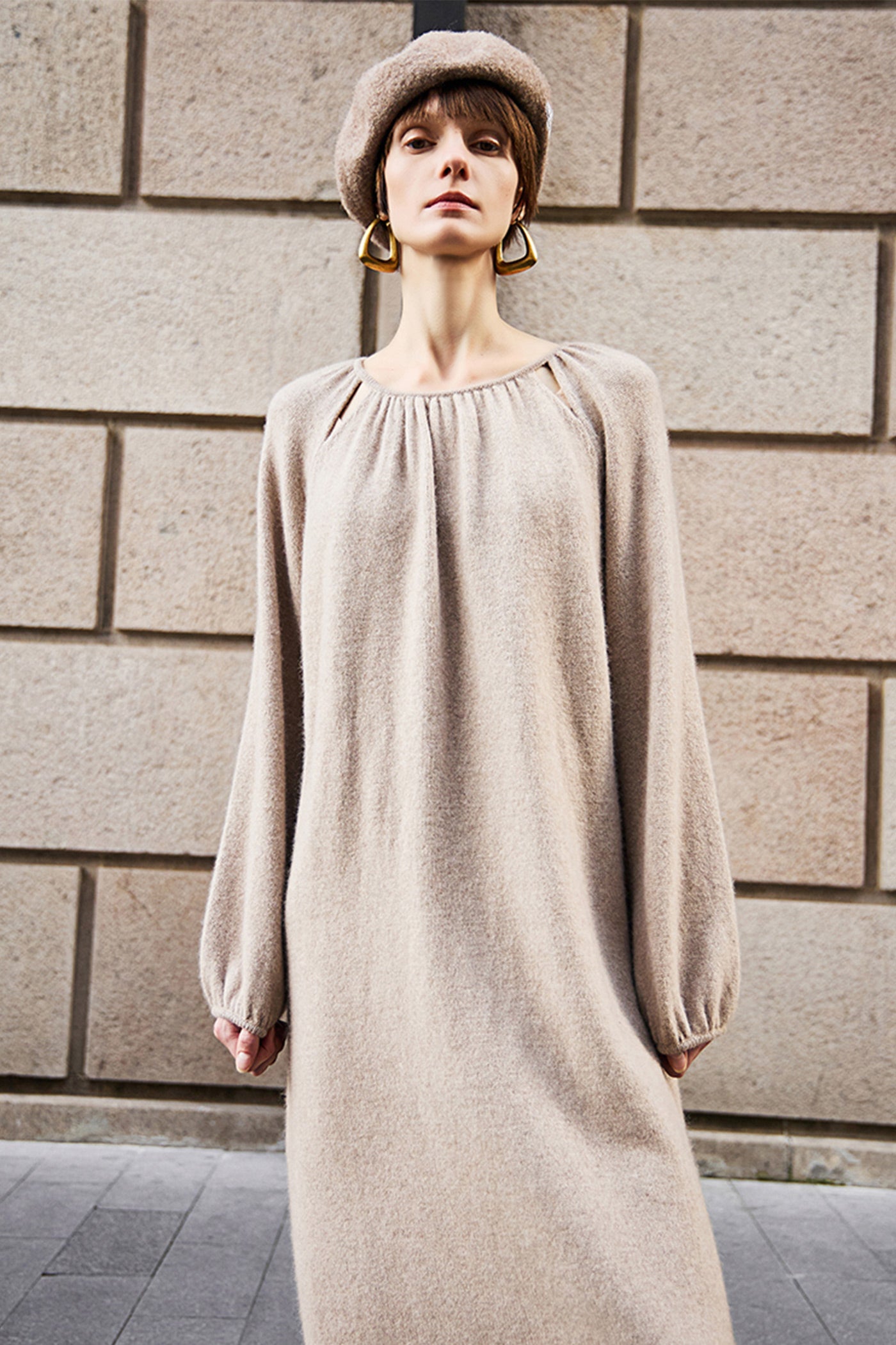 KAMILAN Women's French-Inspired Wool Knit Dress – 2025 Autumn/Winter Collection, Midi Sweater A-Line Dress