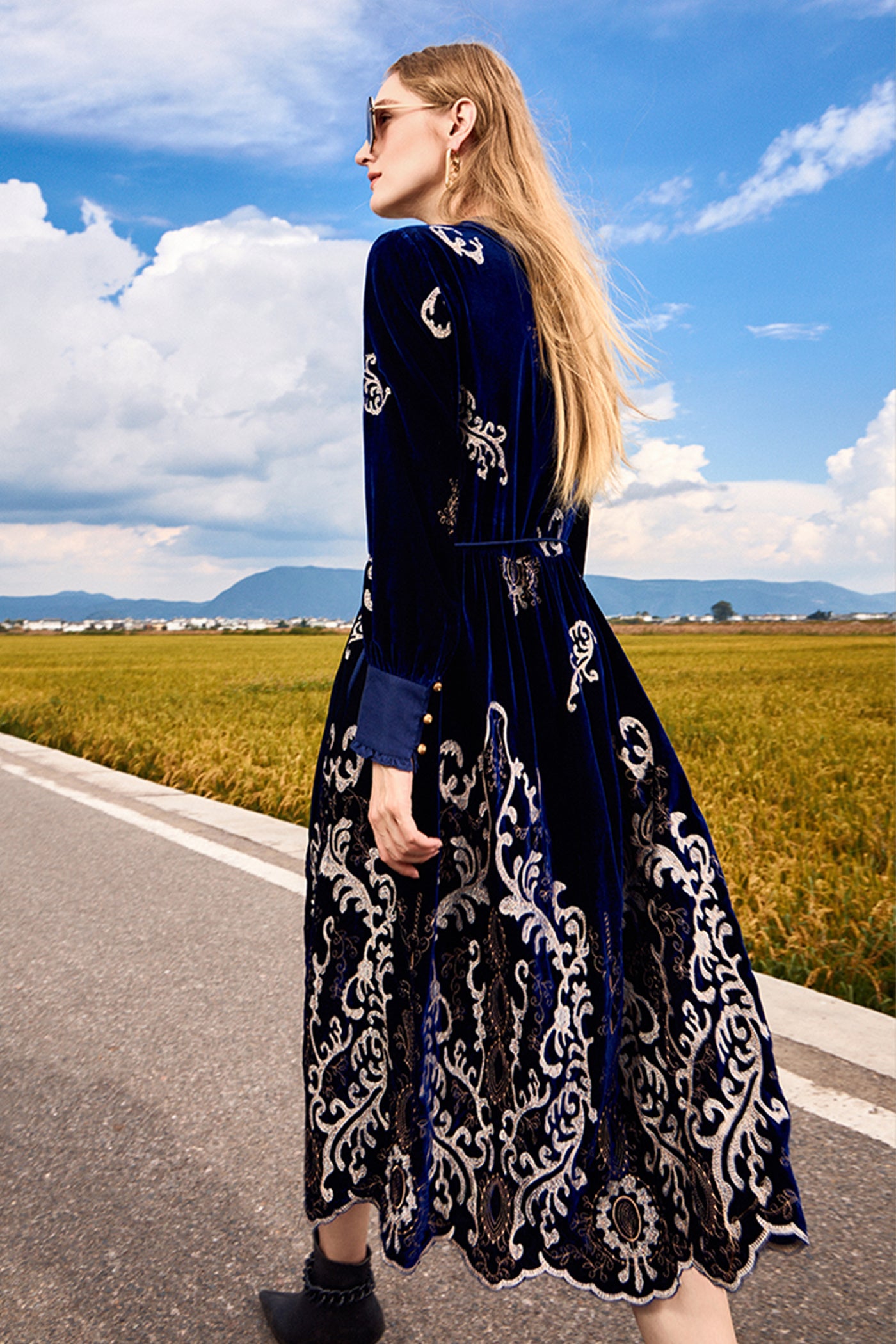KAMILAN Women's Elegant Vintage Embroidered Dress | High Waist A-Line Midi Dress with Long Sleeves – Fall Winter 2025