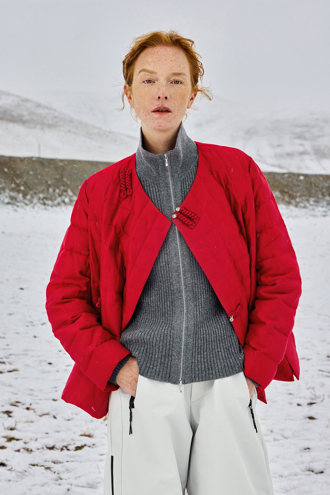 KAMILAN Red White Goose Down Coat for Women – 2025 Winter New Mid-Length Hooded Down Jacket