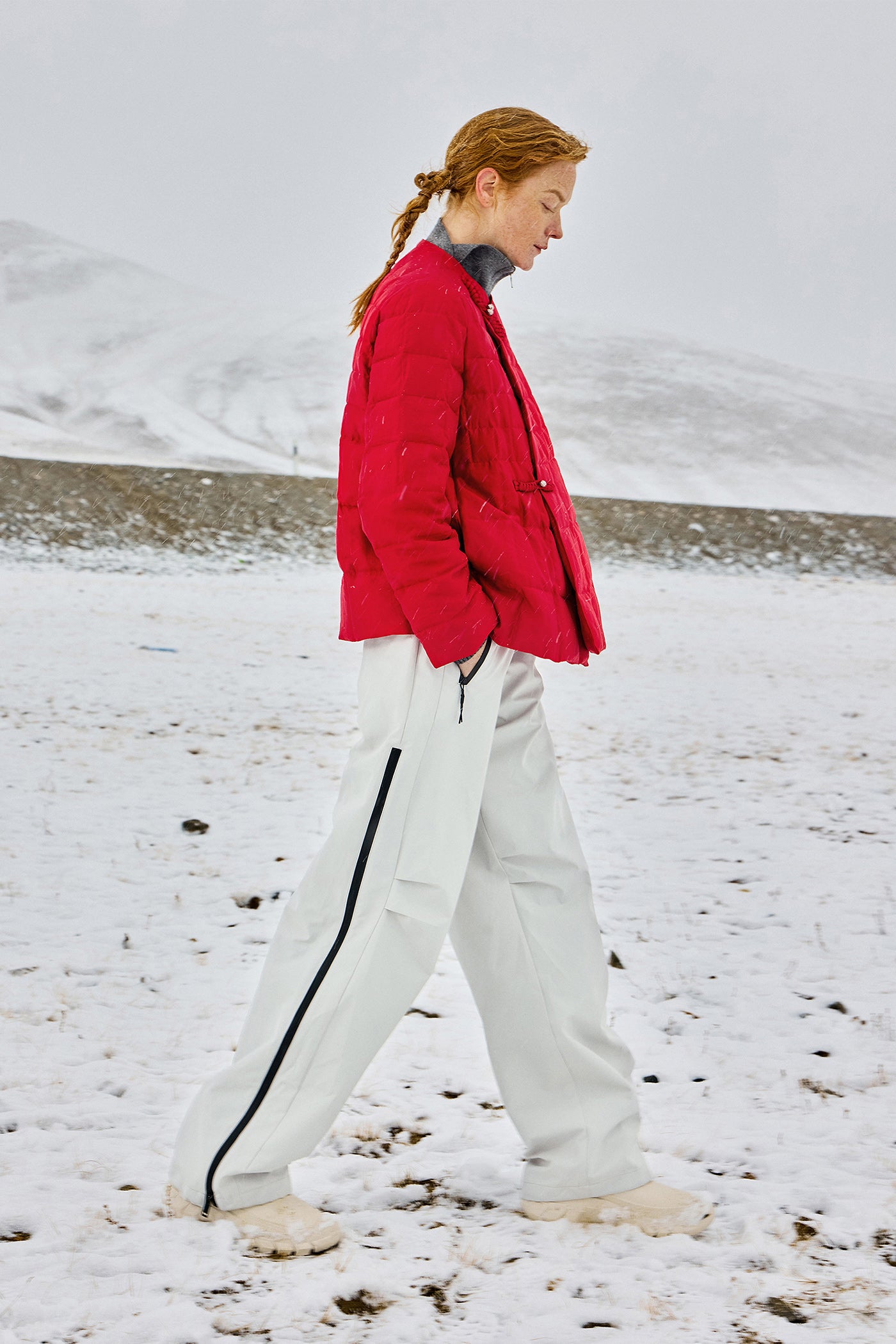 KAMILAN Red White Goose Down Coat for Women – 2025 Winter New Mid-Length Hooded Down Jacket
