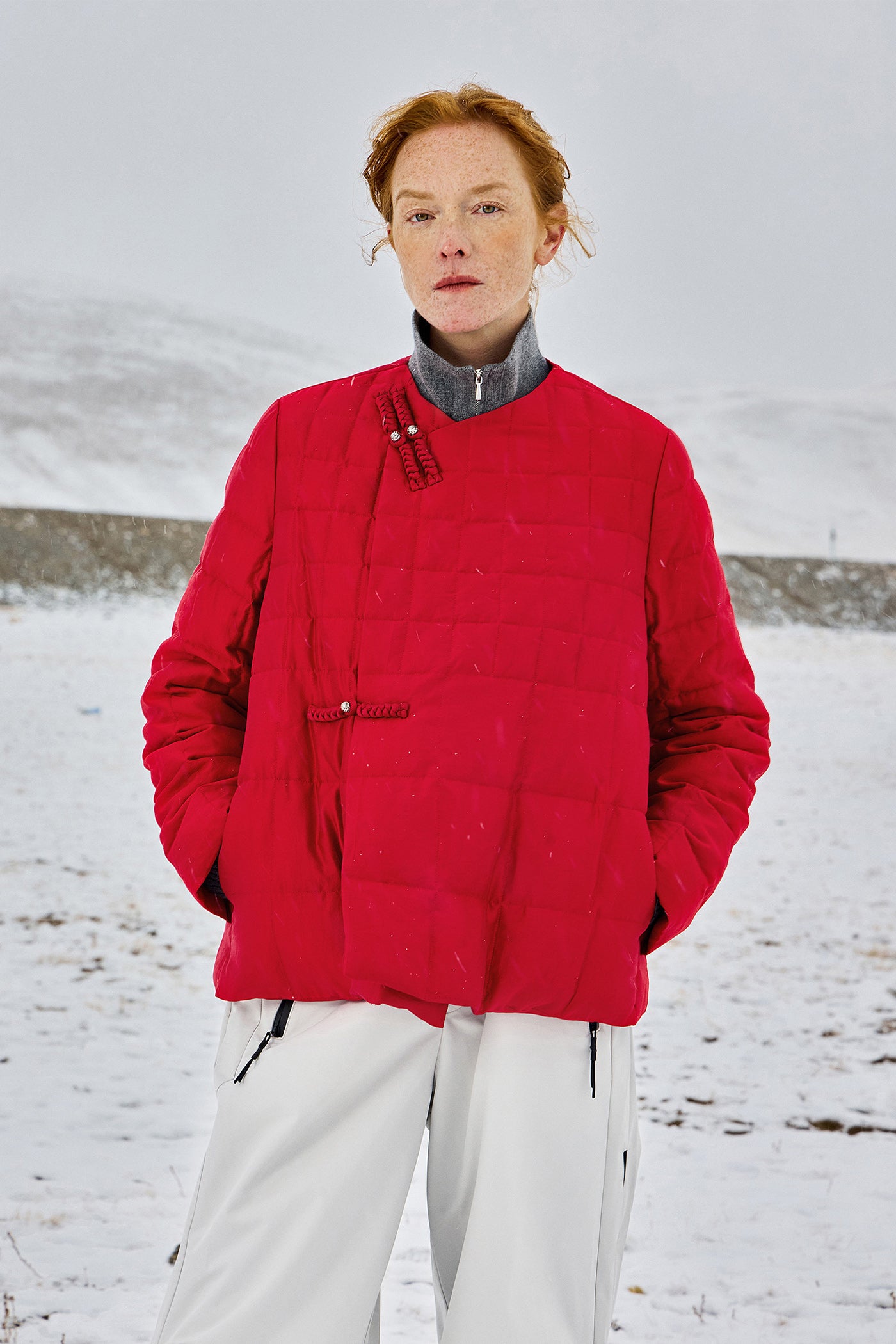 KAMILAN Red White Goose Down Coat for Women – 2025 Winter New Mid-Length Hooded Down Jacket