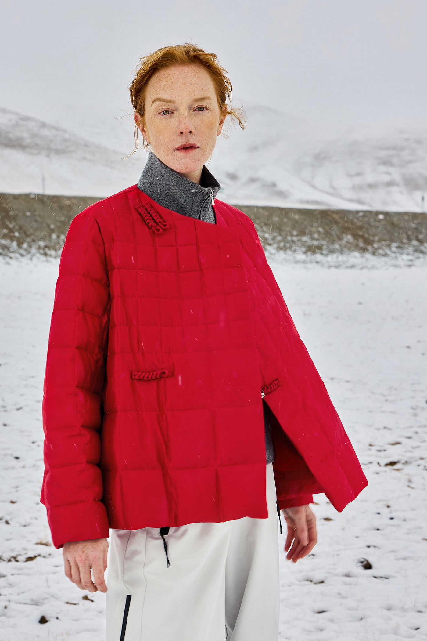 KAMILAN Red White Goose Down Coat for Women – 2025 Winter New Mid-Length Hooded Down Jacket