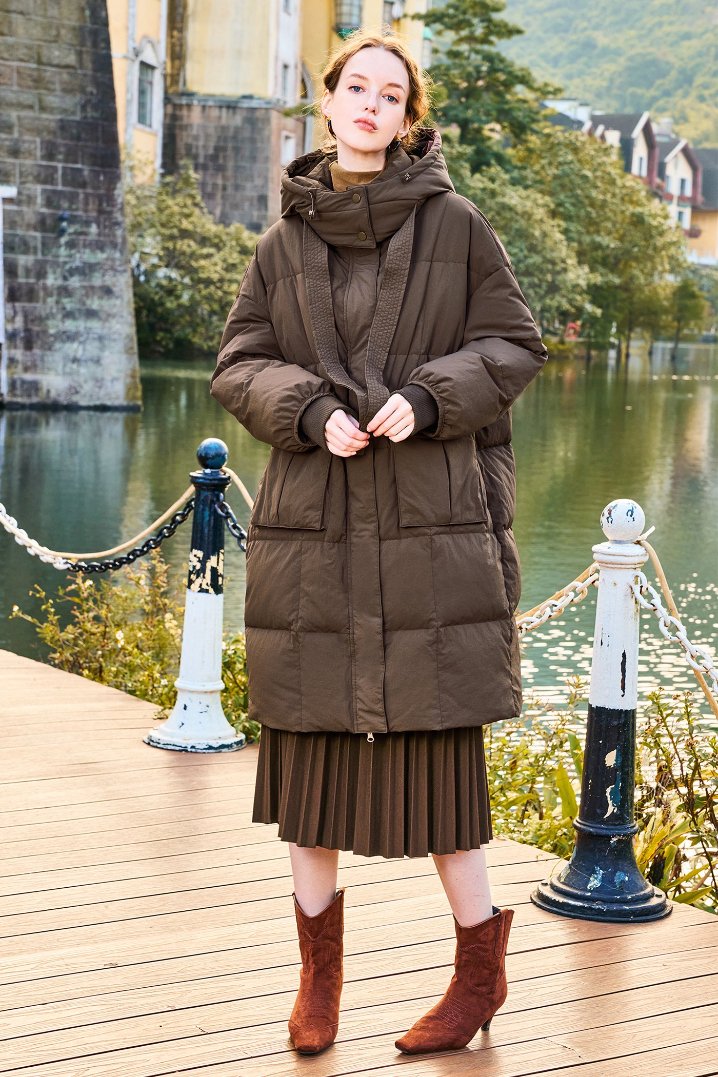 KAMILAN Women's White Duck Down Coat – 2025 Winter Fashion Mid-Length Hooded Puffer Jacket