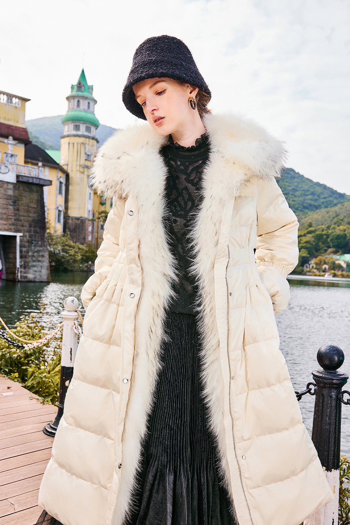 KAMILAN Women's Long White Goose Down Coat with Fox Fur Collar | 2025 Winter Luxury Outerwear