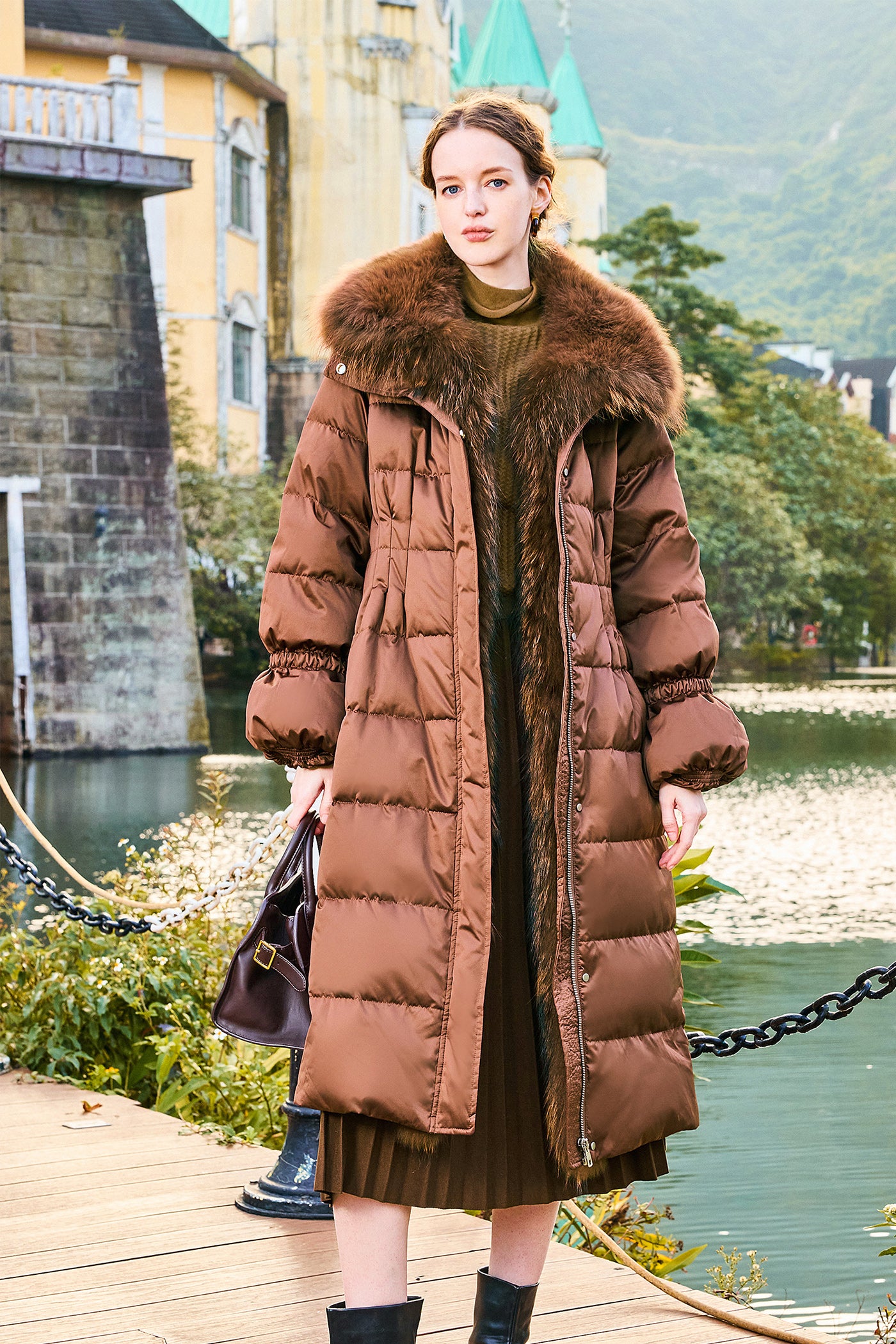 KAMILAN Women's Long White Goose Down Coat with Fox Fur Collar | 2025 Winter Luxury Outerwear