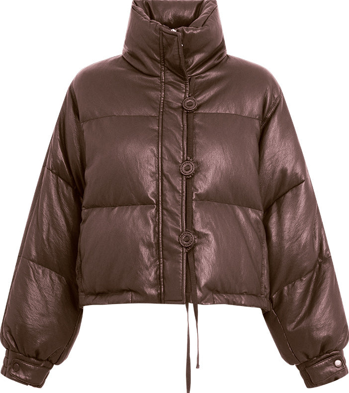 KAMILAN Women's Short PU Leather Down Jacket – 2025 Winter Collection, Stylish High Neck with White Duck Down Insulation
