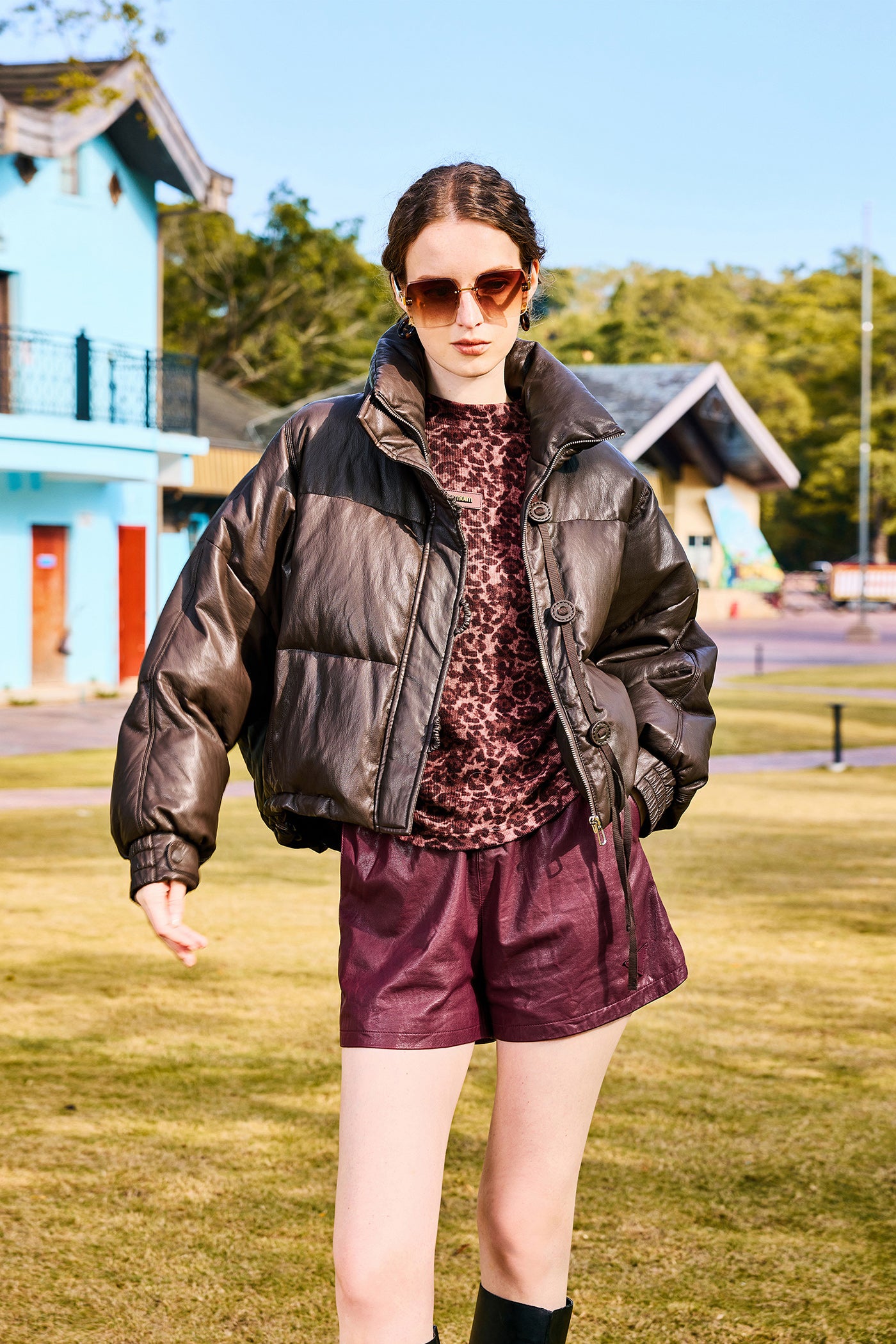 KAMILAN Women's Short PU Leather Down Jacket – 2025 Winter Collection, Stylish High Neck with White Duck Down Insulation