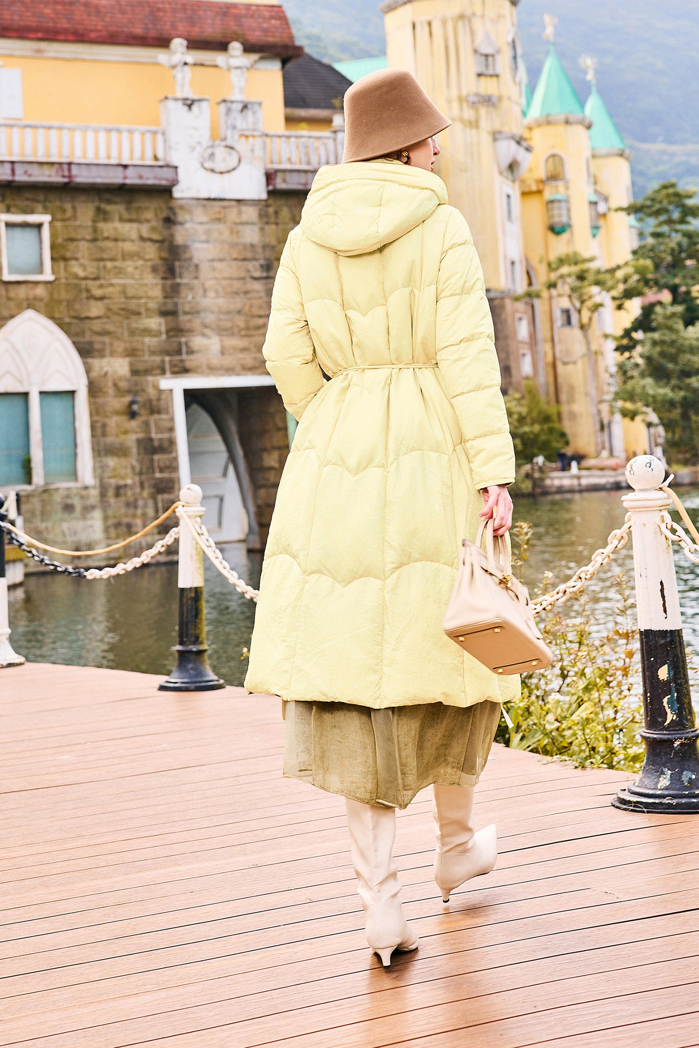 KAMILAN Women's White Goose Down Mid-Length Hooded Jacket – 2025 Winter Collection