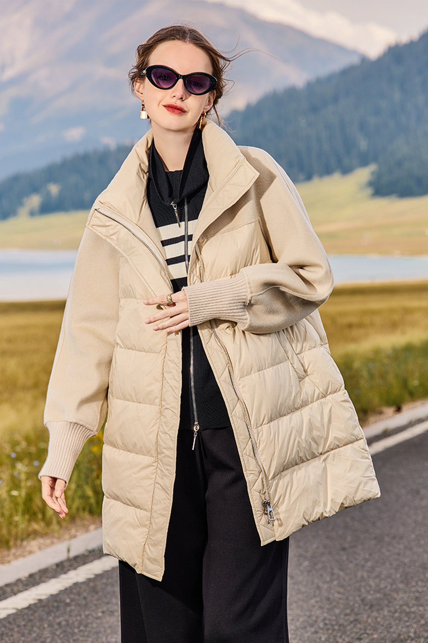 KAMILAN Mid‑Length Wool‑Spliced White Goose Down Coat (2025 Winter New Women’s Warm Jacket)