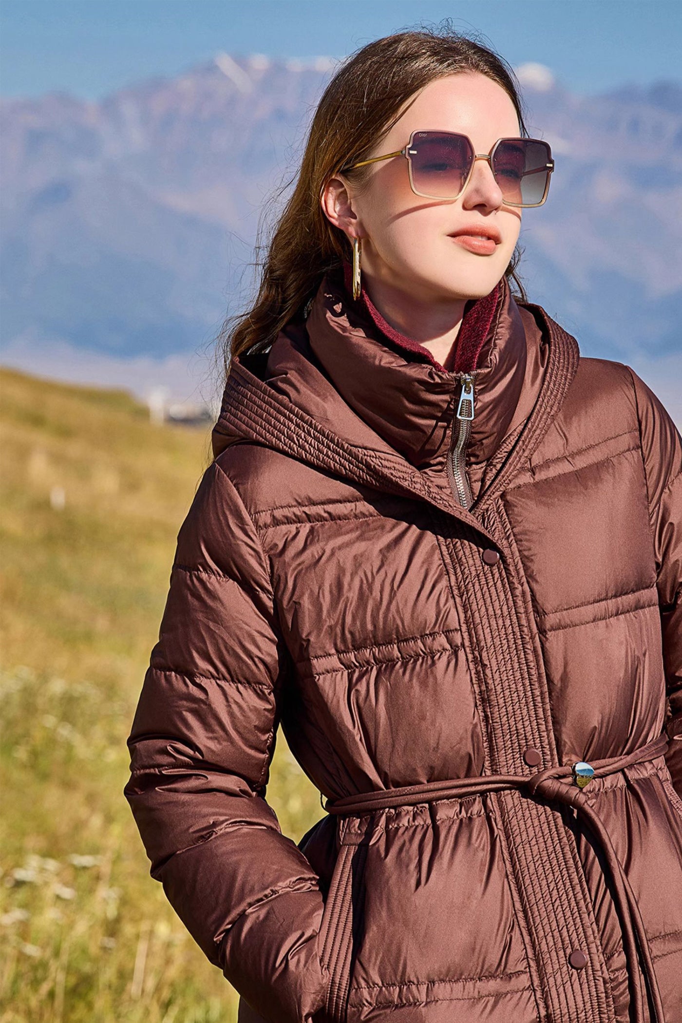 KAMILAN Women's Hooded Down Coat – 2025 Winter New White Duck Down Long Belted Puffer Jacket, Mid-Length Over-the-Knee Style