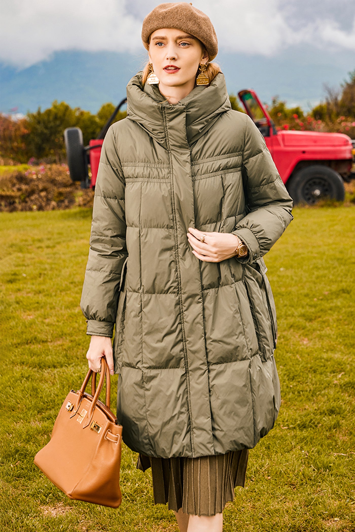 KAMILAN Women's White Duck Down Puffer Coat – 2025 Winter Loose Fit Mid-Length Stand Collar Warm Jacket