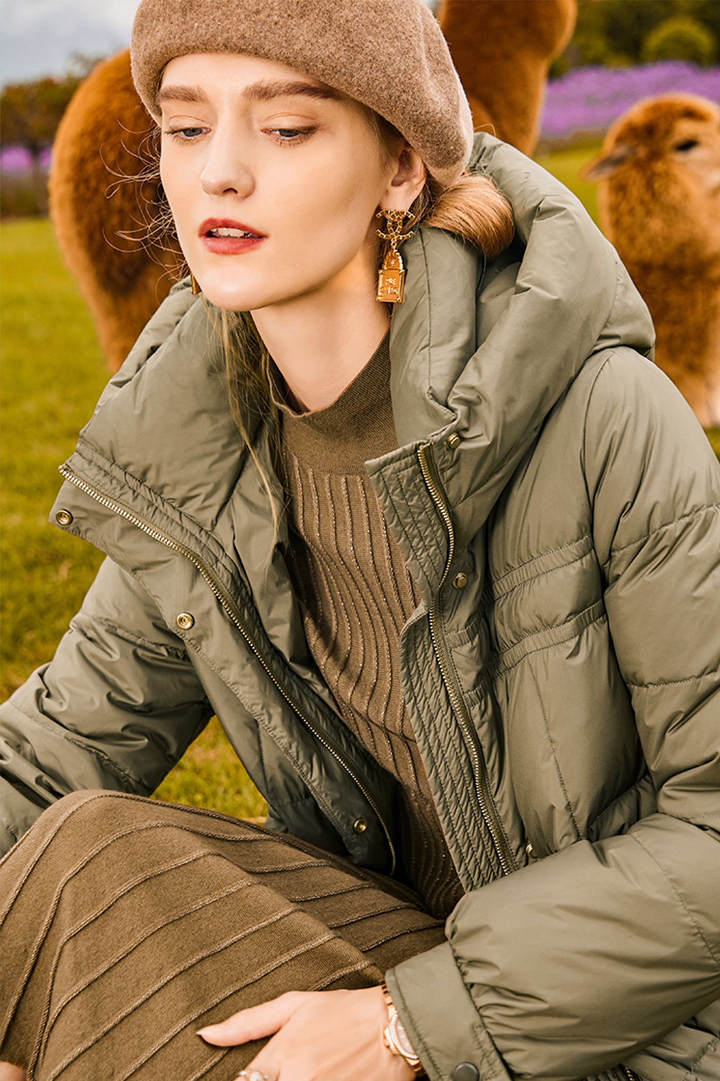 KAMILAN Women's White Duck Down Puffer Coat – 2025 Winter Loose Fit Mid-Length Stand Collar Warm Jacket