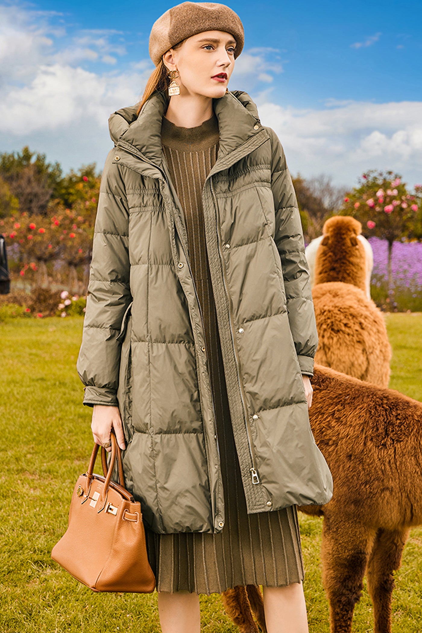 KAMILAN Women's White Duck Down Puffer Coat – 2025 Winter Loose Fit Mid-Length Stand Collar Warm Jacket