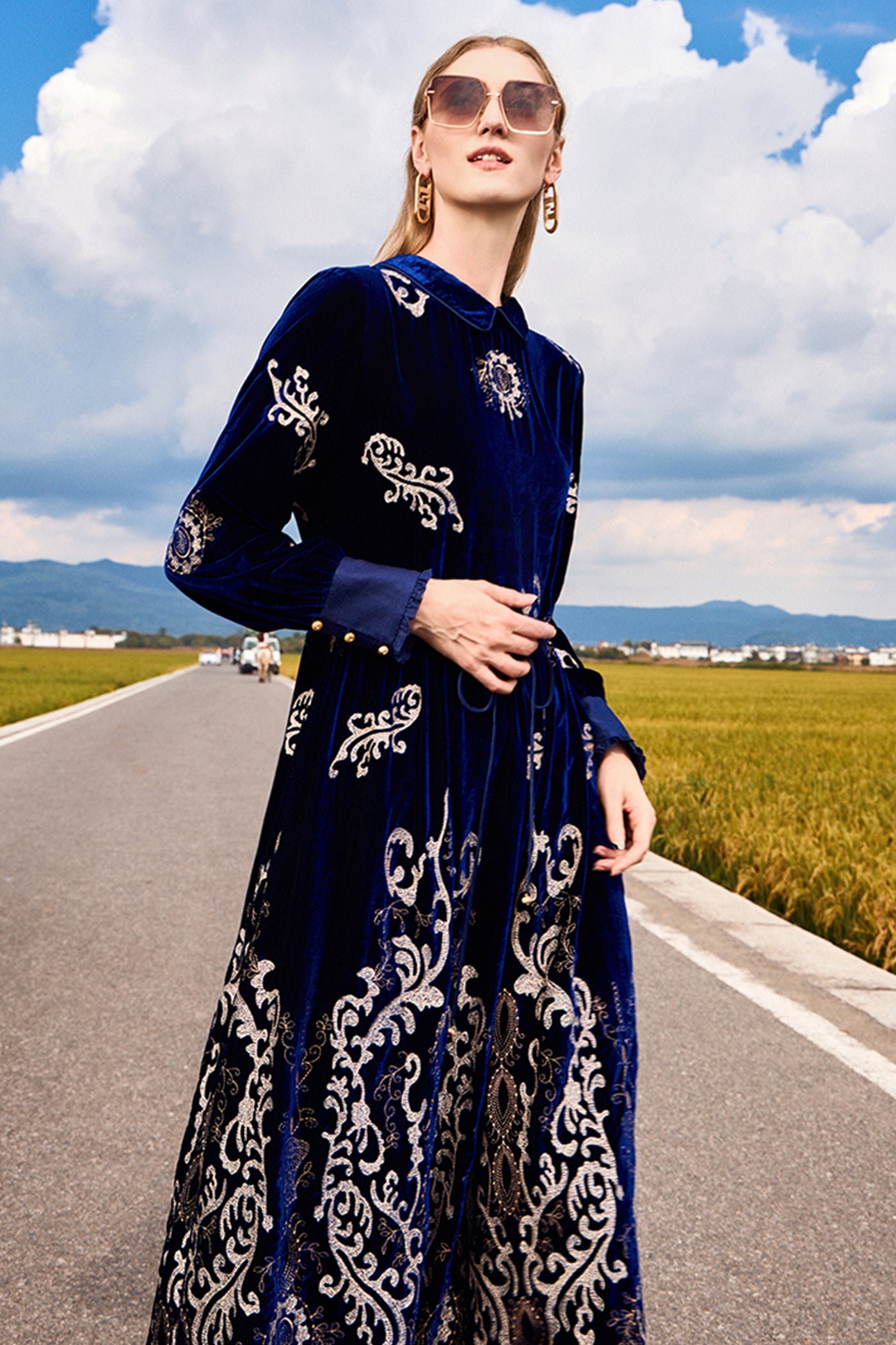 KAMILAN Women's Elegant Vintage Embroidered Dress | High Waist A-Line Midi Dress with Long Sleeves – Fall Winter 2025
