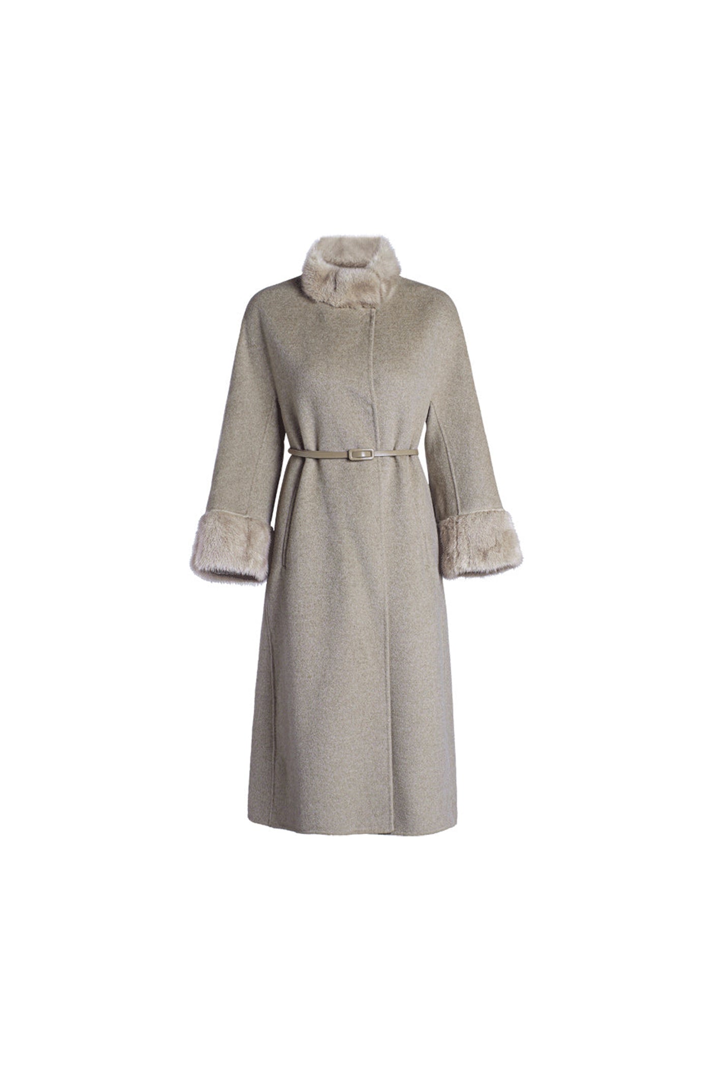 KAMILAN Women's Double-Faced Wool Coat – Winter New Mid-Length Overcoat with Mink Fur Collar and Fur-Trimmed Sleeves
