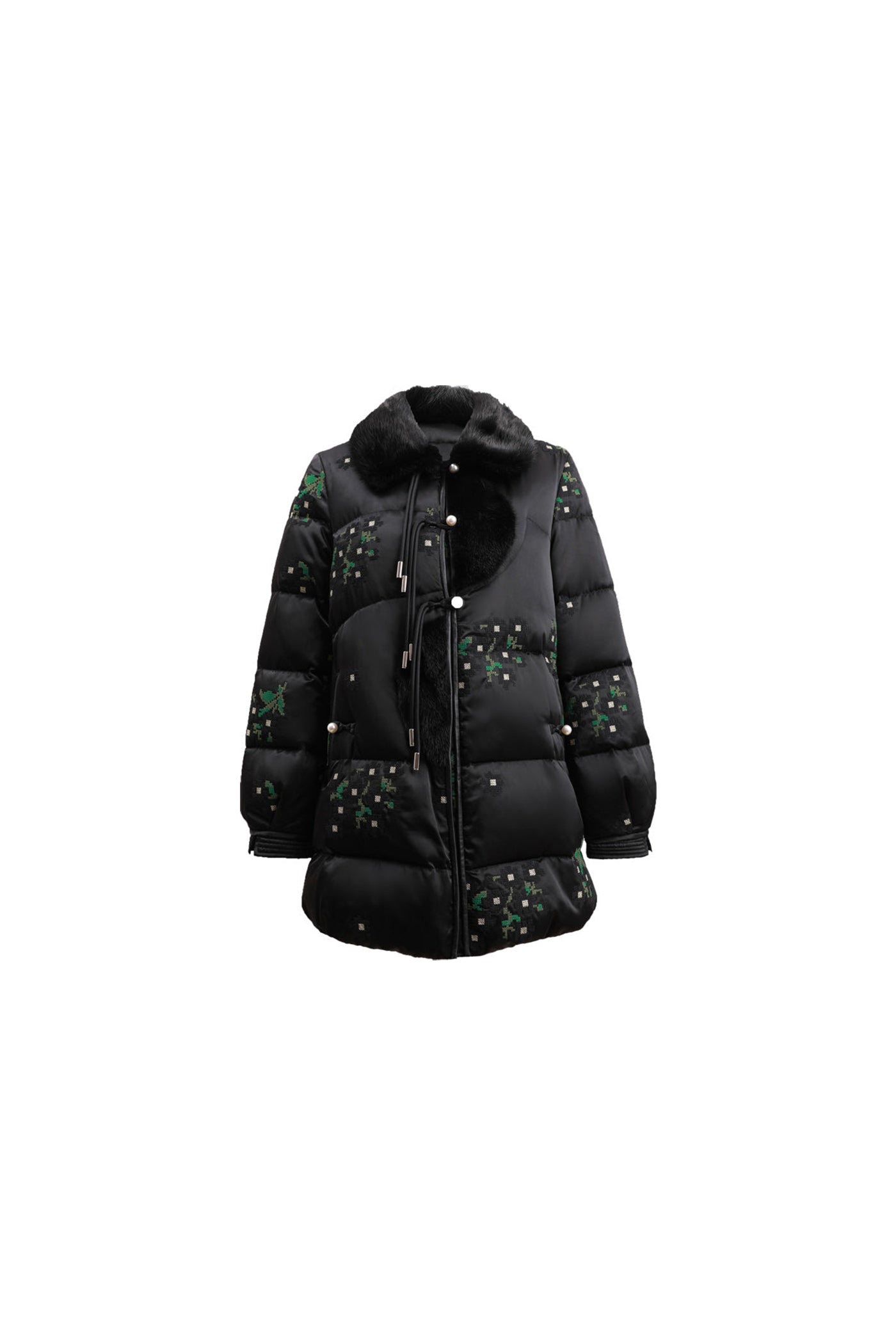 KAMILAN Embroidered White Goose Down Coat with Mink Fur Collar – 2025 Winter Elegant Mid-Length Parka for Women