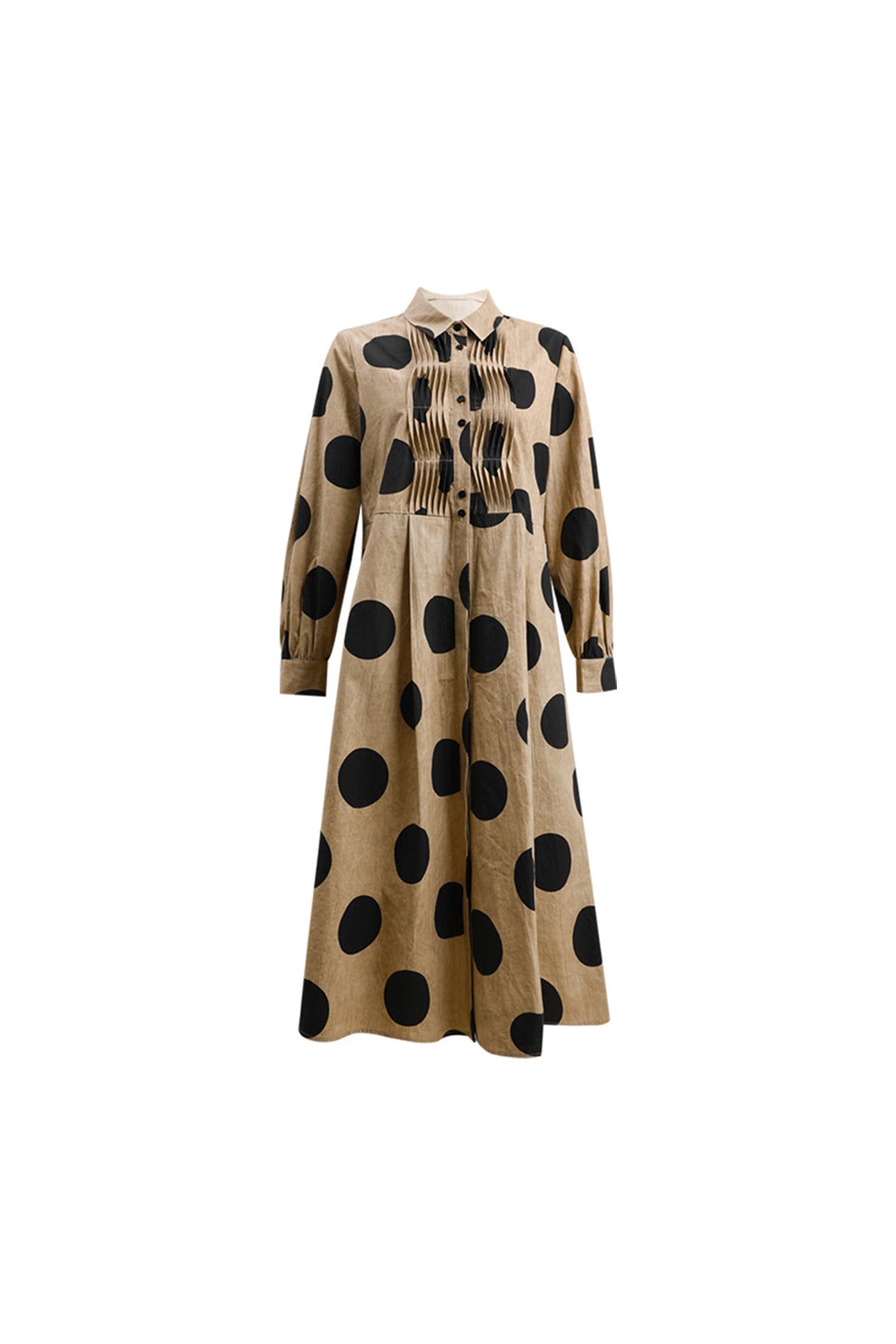 KAMILAN Polka Dot Print Patchwork Shirt Dress for Women – Long Sleeve Midi Dress with Unique Design