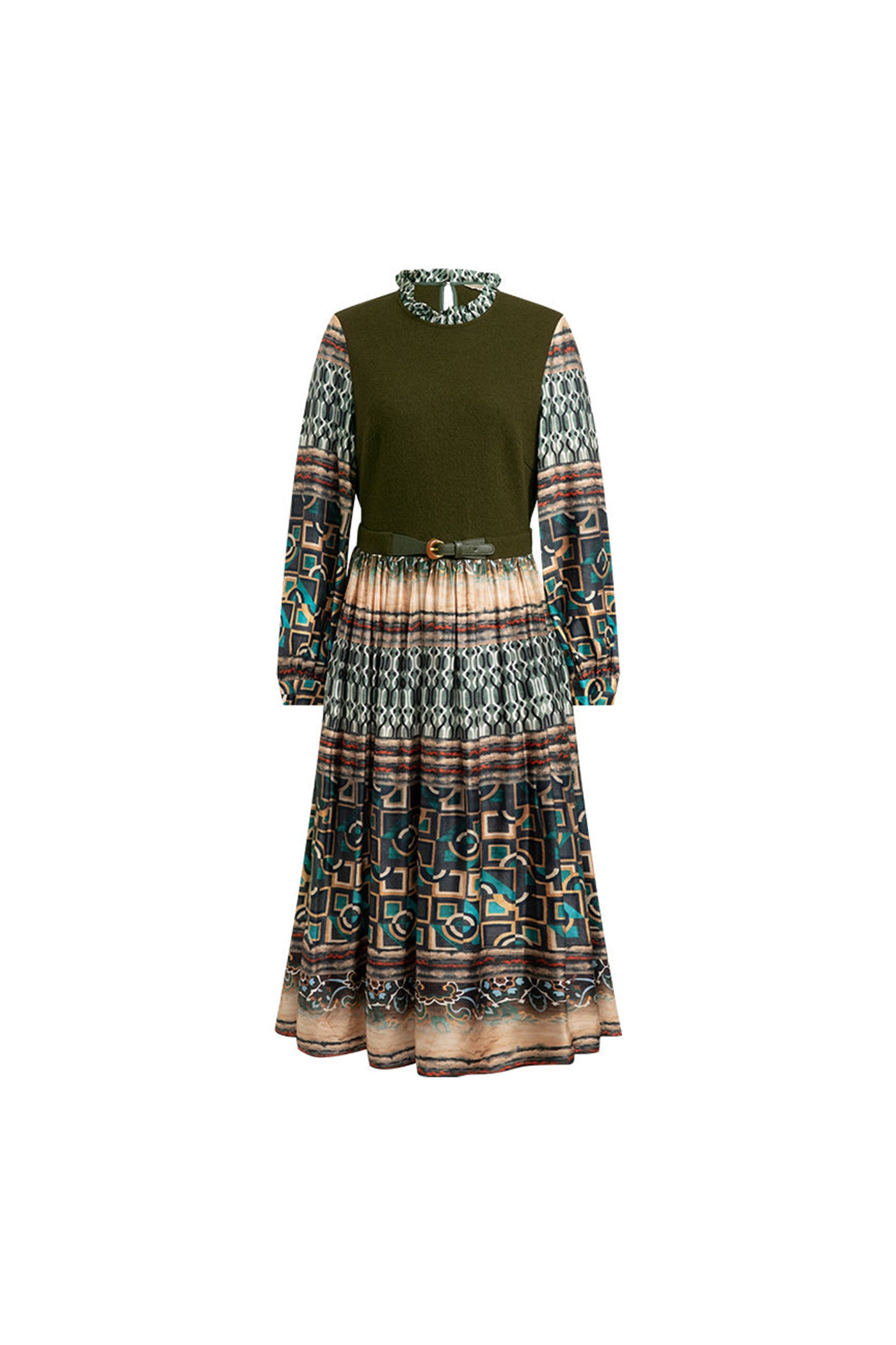 KAMILAN Women's High-Waist Midi Dress – 2025 Autumn New French Chic Printed Patchwork A-Line Dress