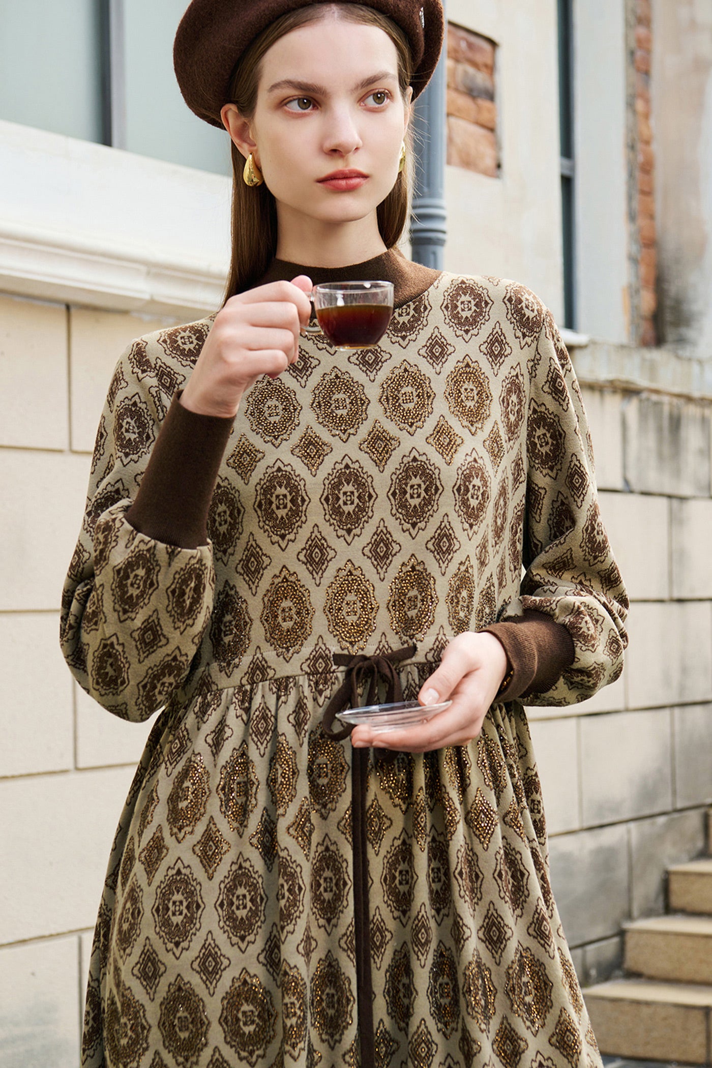 KAMILAN Mid-Length Long-Sleeve Printed Dress