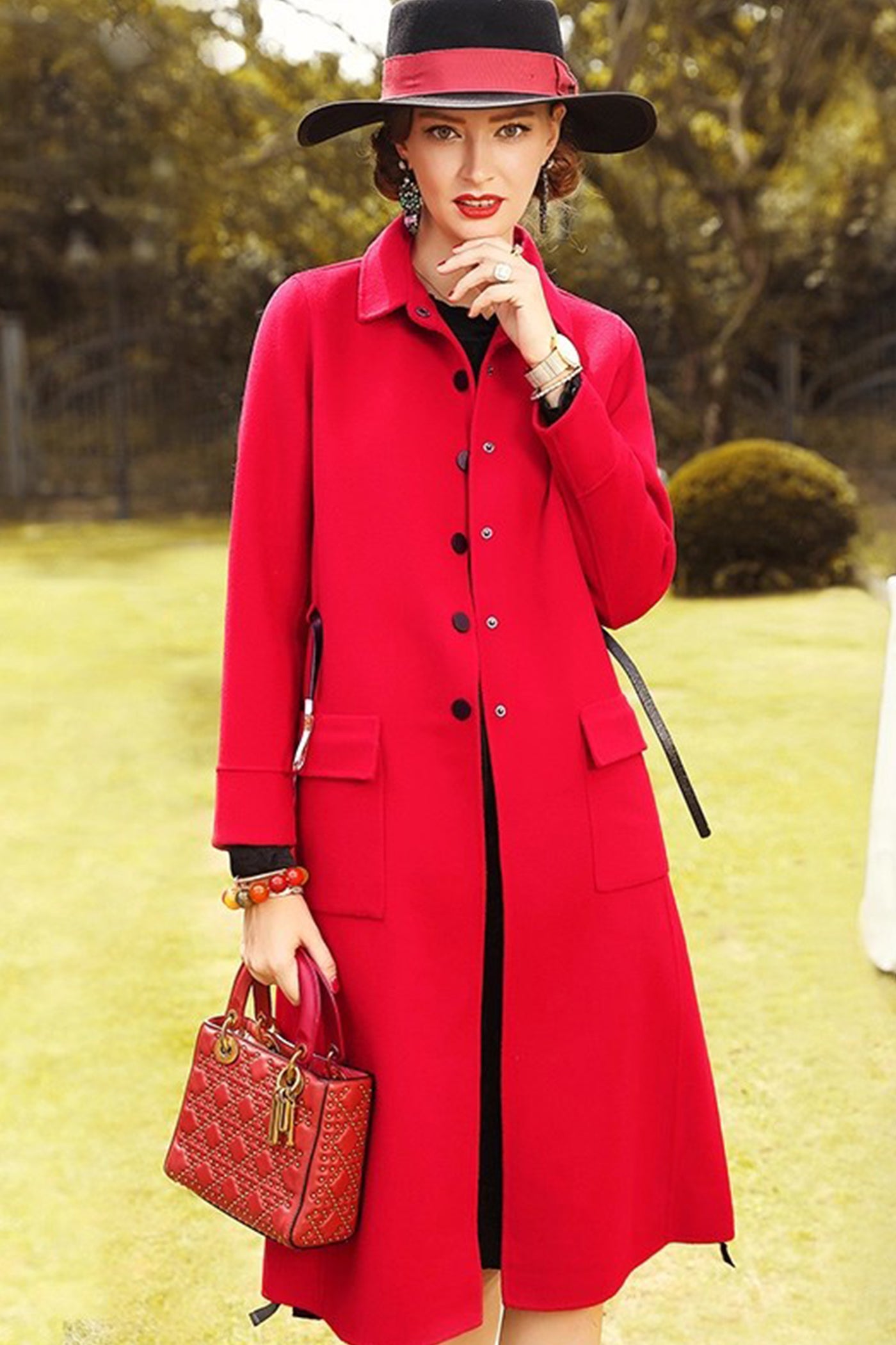 KAMILAN Women's Red Wool Blend Double-Faced Coat 2025 Fall/Winter Loose Fit Mid-Length Elegant Overcoat