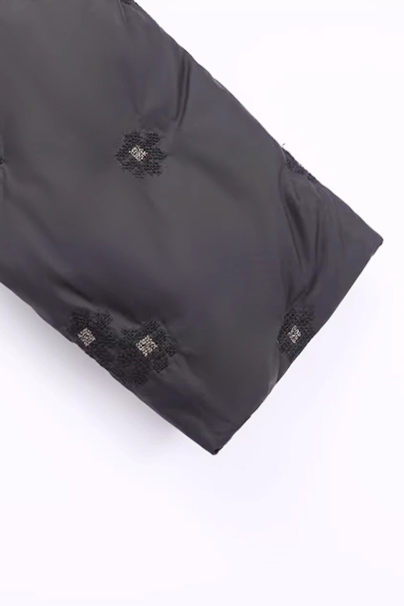 KAMILAN Belted Quilted Down Coat with Textured Embroidered Accents in Black