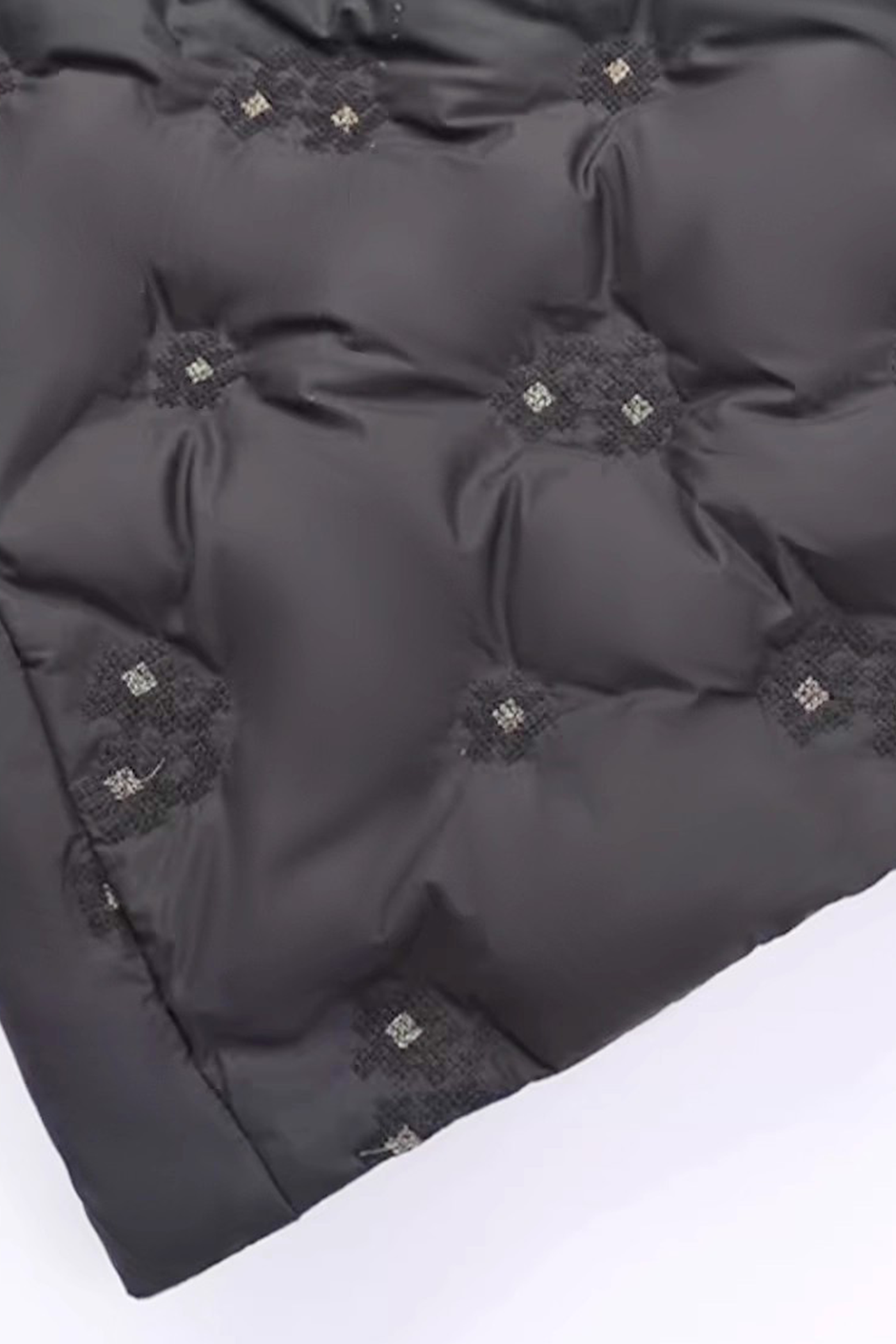 KAMILAN Belted Quilted Down Coat with Textured Embroidered Accents in Black