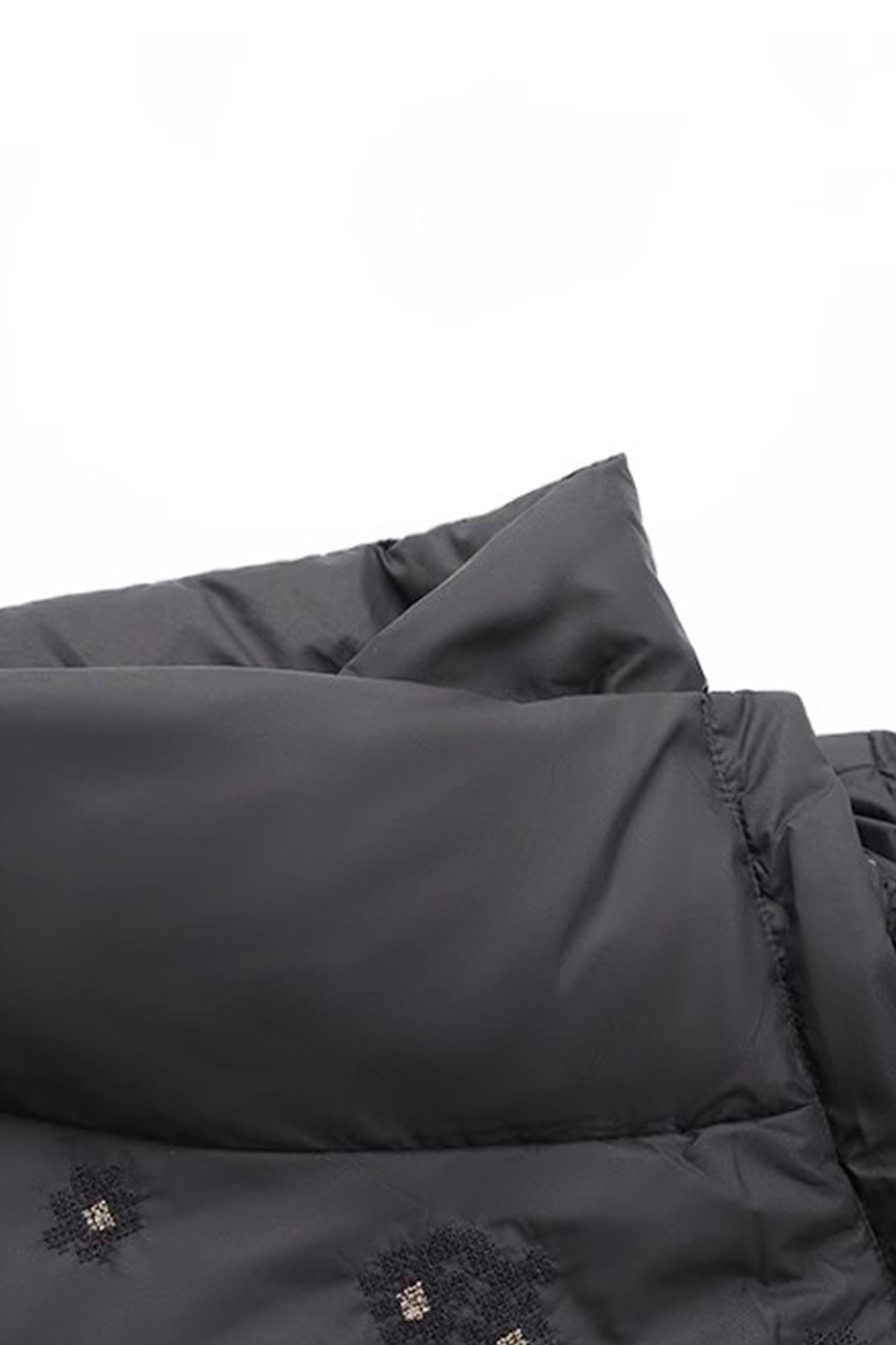 KAMILAN Belted Quilted Down Coat with Textured Embroidered Accents in Black