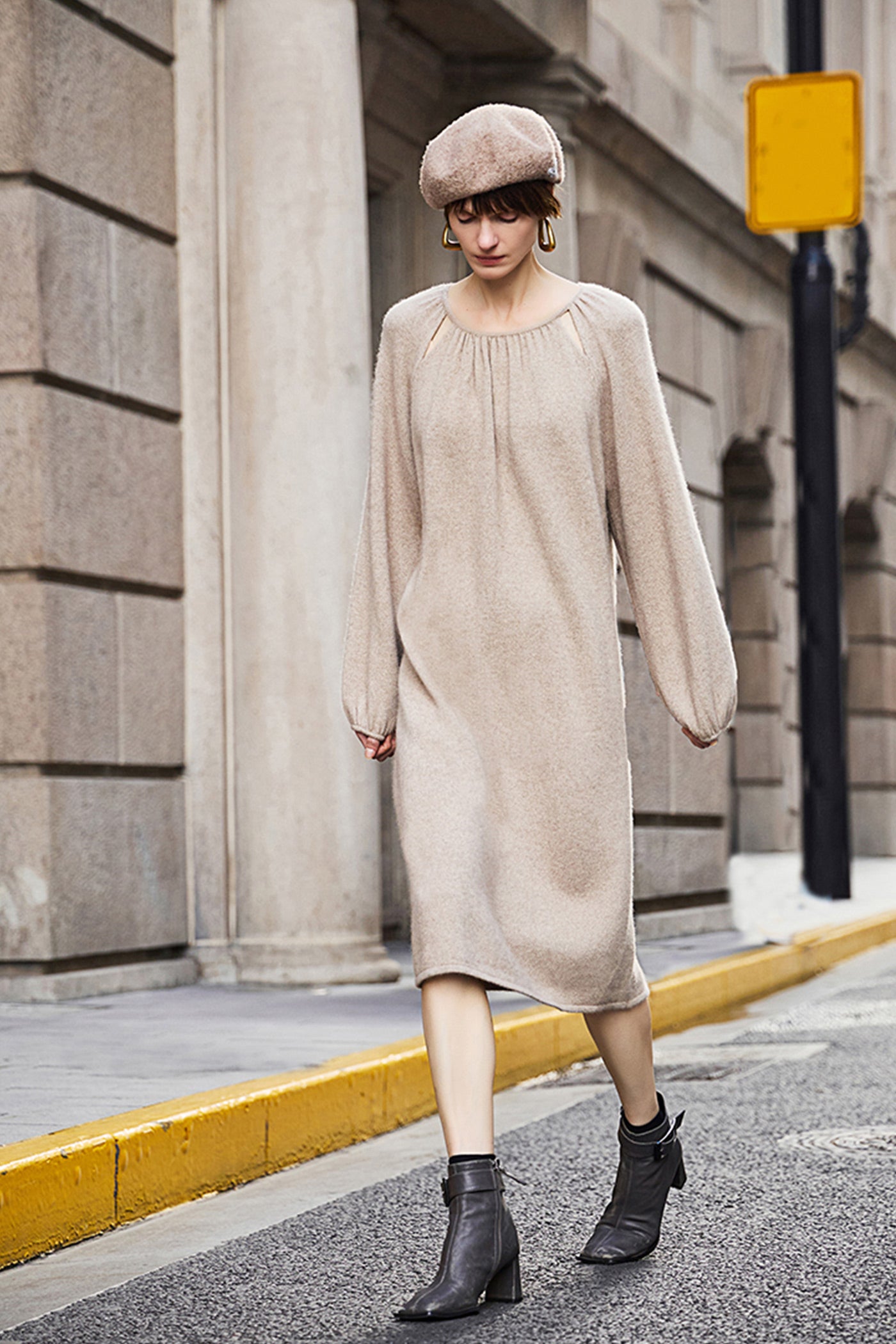 KAMILAN Women's French-Inspired Wool Knit Dress – 2025 Autumn/Winter Collection, Midi Sweater A-Line Dress