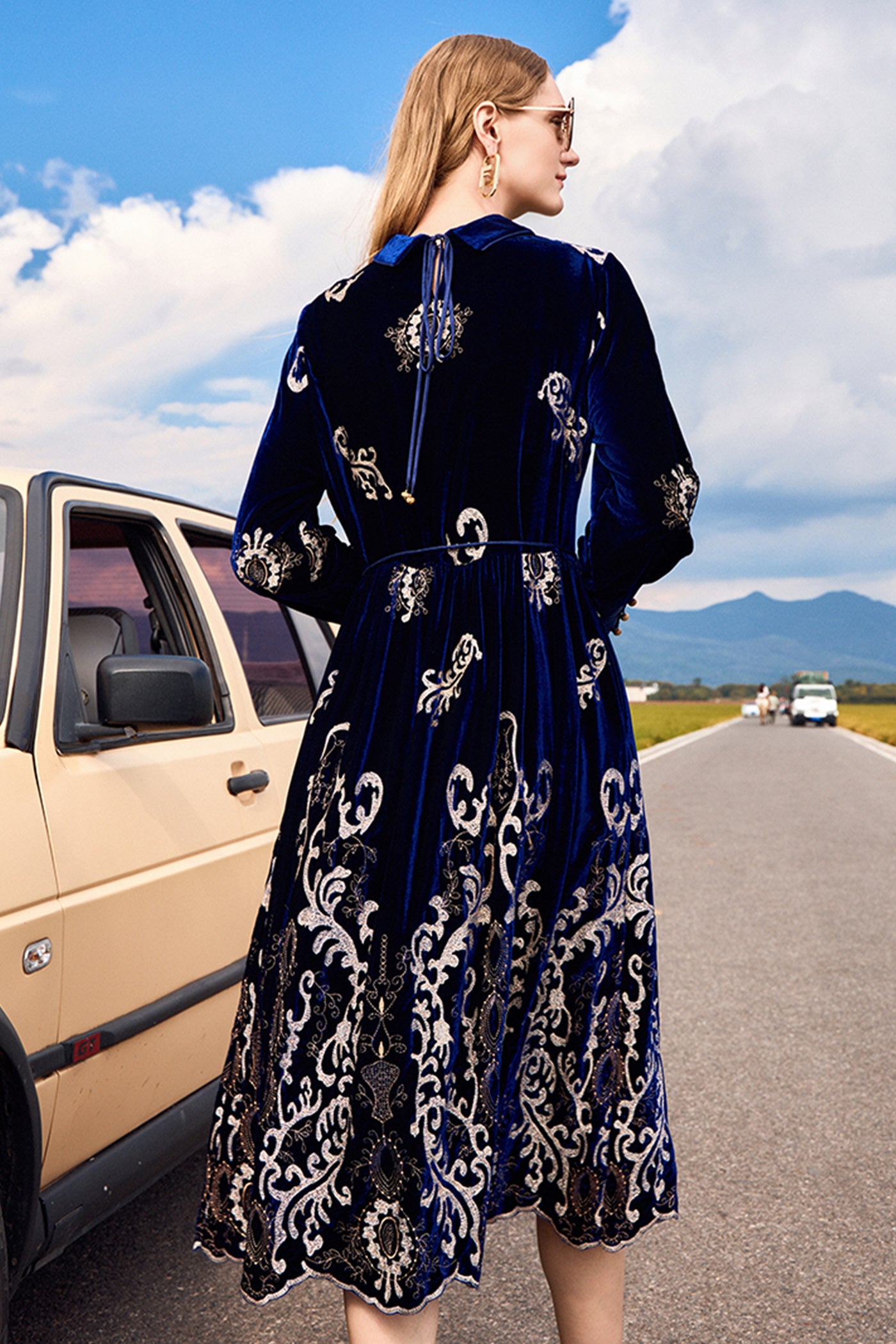 KAMILAN Women's Elegant Vintage Embroidered Dress | High Waist A-Line Midi Dress with Long Sleeves – Fall Winter 2025