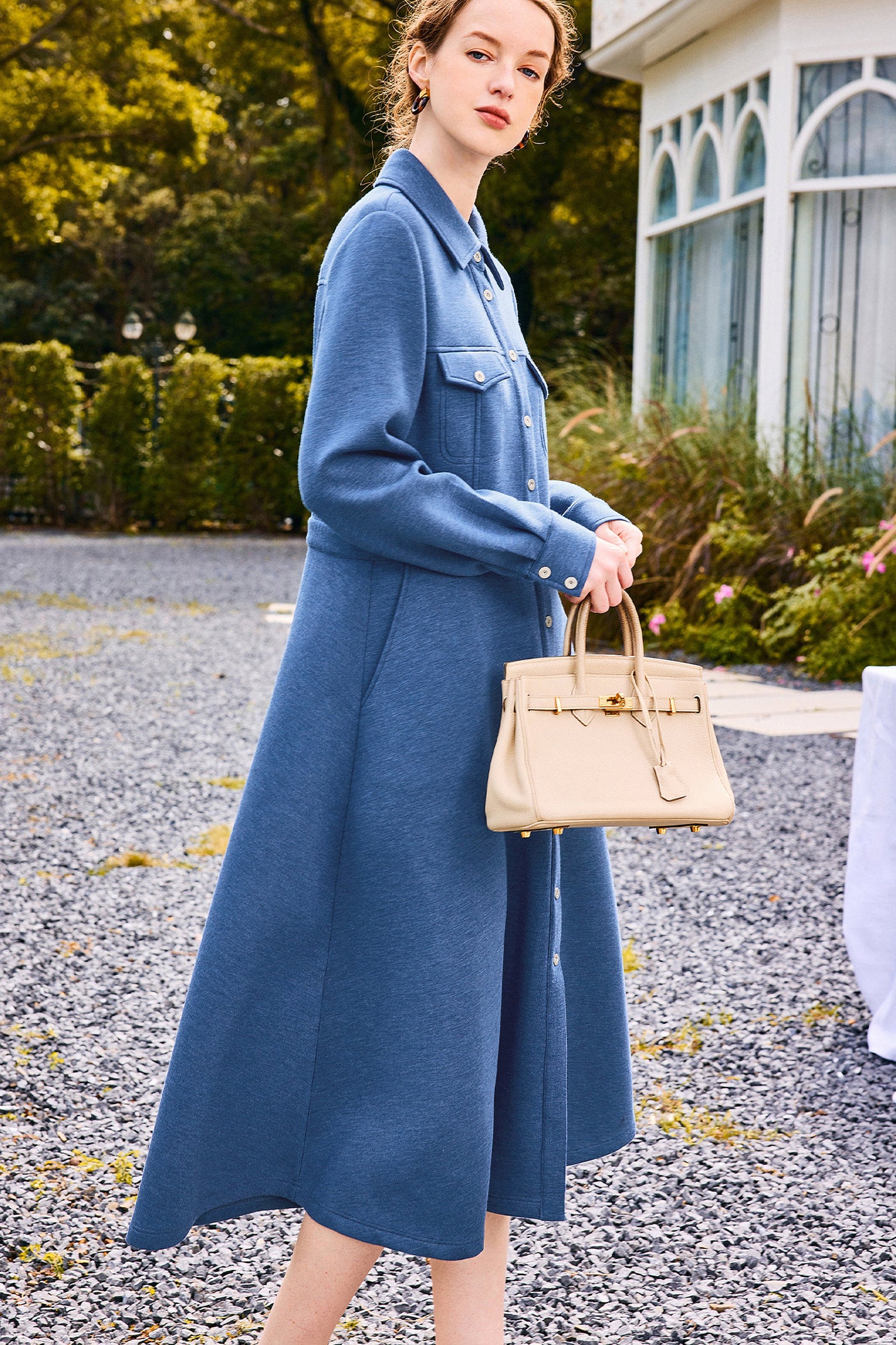 KAMILAN Women's High-Waisted Shirt Dress – 2024 Autumn/Winter Collection, Waist-Defining Midi A-Line Dress