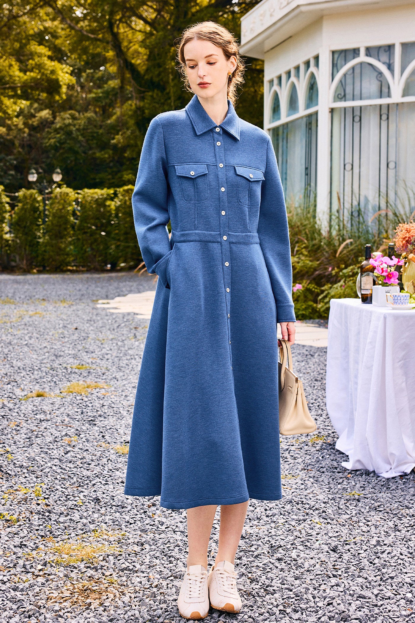 KAMILAN Women's High-Waisted Shirt Dress – 2024 Autumn/Winter Collection, Waist-Defining Midi A-Line Dress