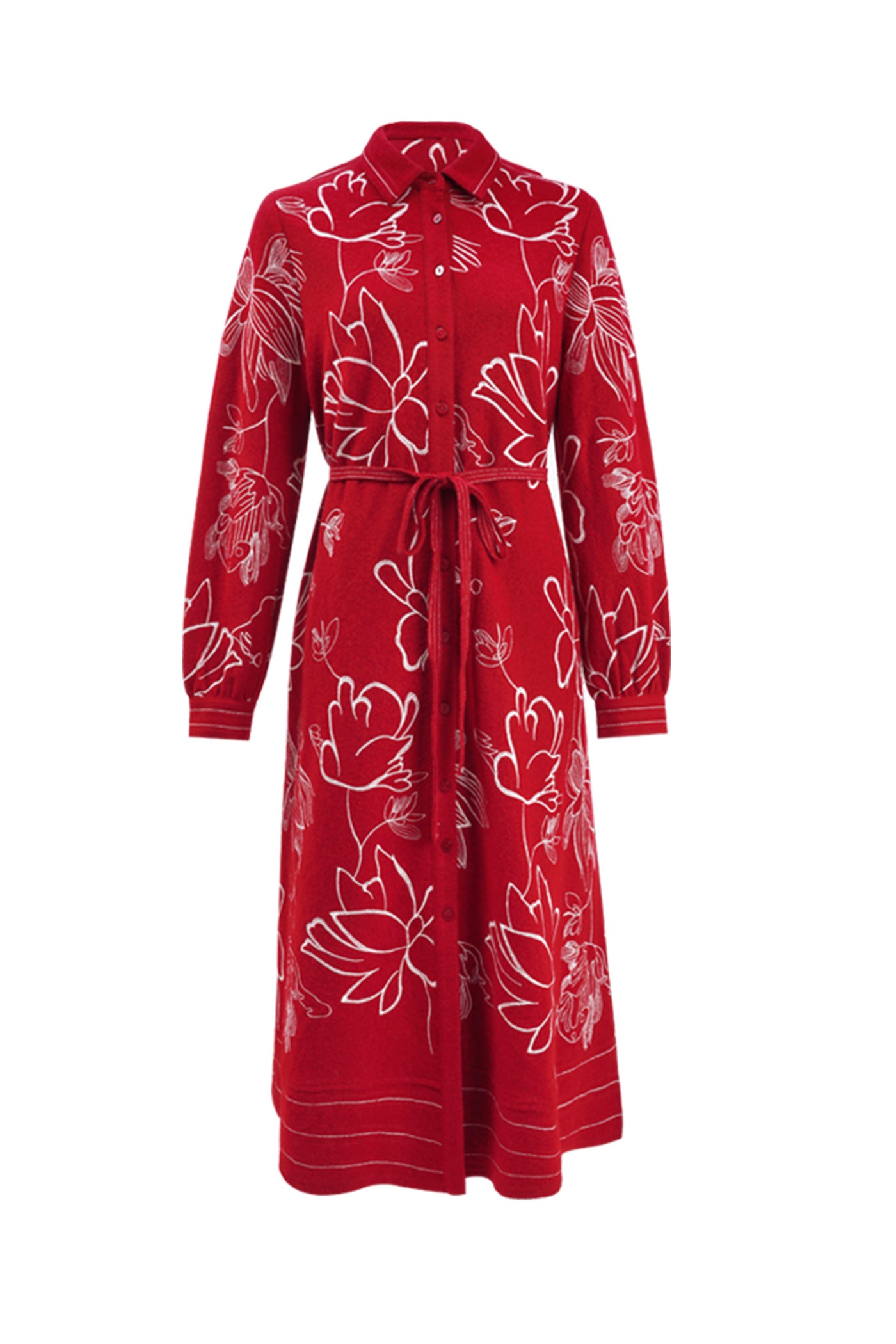 KAMILAN Women's Wool Shirt Dress – 2025 Autumn New Red Modern Chinese Style Printed Midi Dress