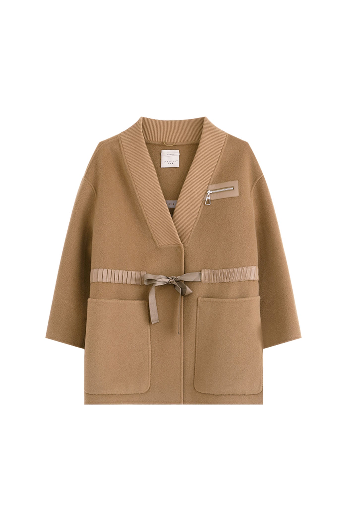 KAMILAN Pure Wool  Coat in Camel with Grosgrain Waist Detailing