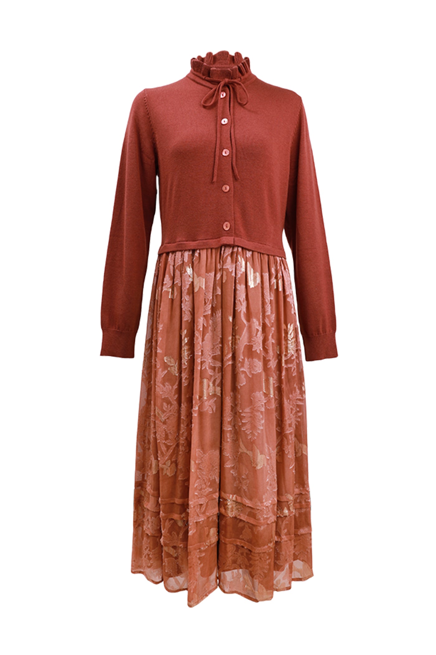KAMILAN small stand-up collar silk jacquard stitching dress women's autumn 2025 new waist long A-line skirt