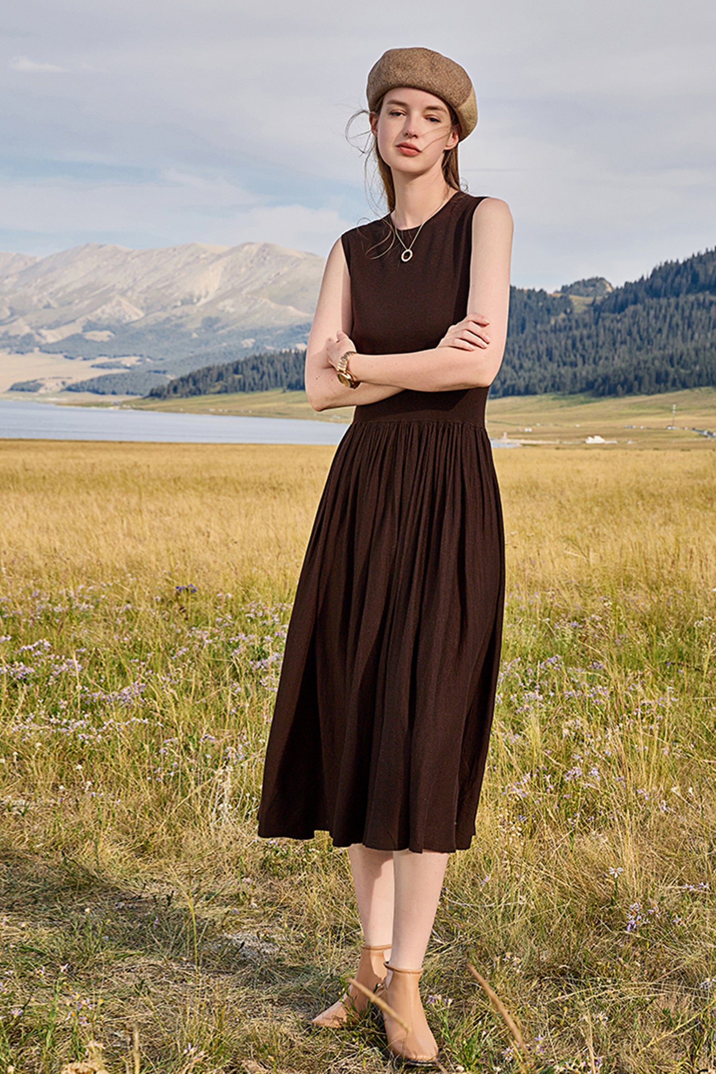 KAMILAN Women's Wool Knit Patchwork Sleeveless Dress | 2025 Fall Elegant Mid-Length A-Line Slim Fit