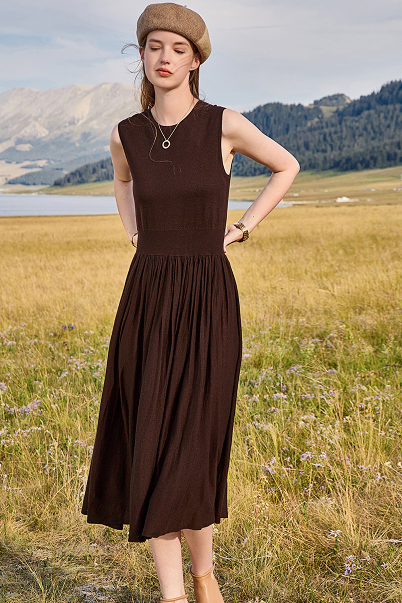KAMILAN Women's Wool Knit Patchwork Sleeveless Dress | 2025 Fall Elegant Mid-Length A-Line Slim Fit