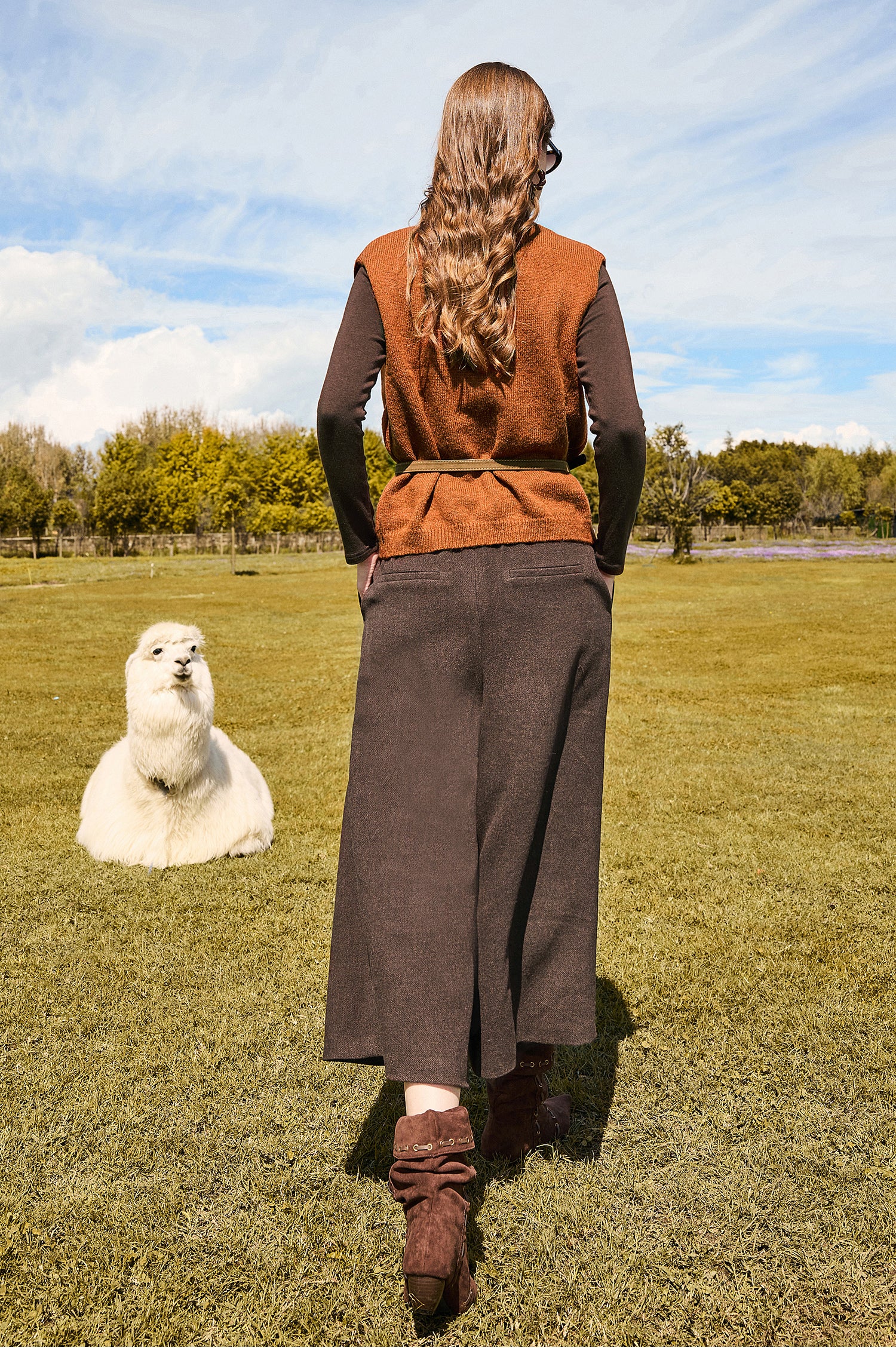 KAMILAN Retro-style women's 2025 autumn new collection base-knit top + vest + casual pants three-piece set