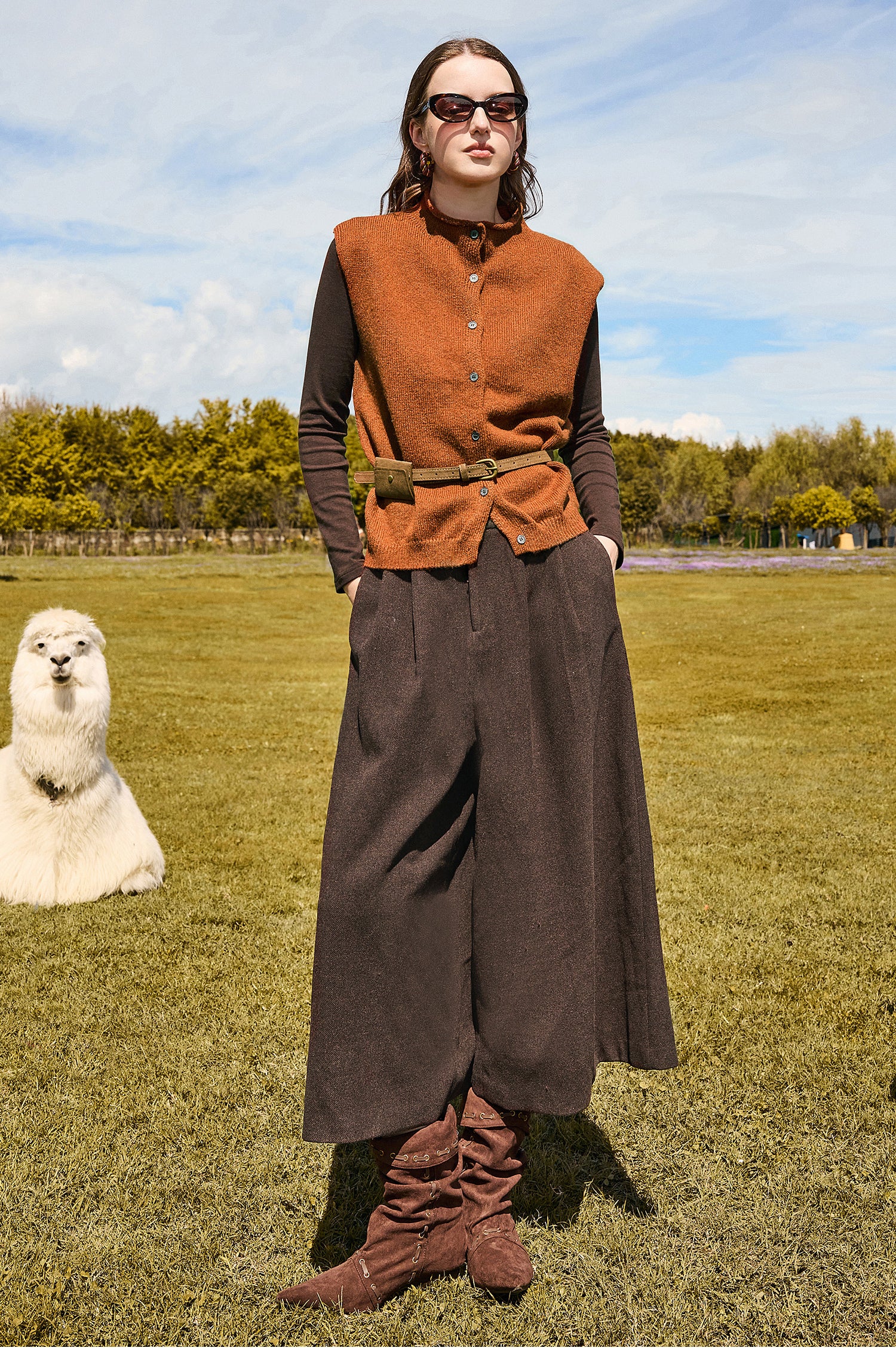 KAMILAN Retro-style women's 2025 autumn new collection base-knit top + vest + casual pants three-piece set