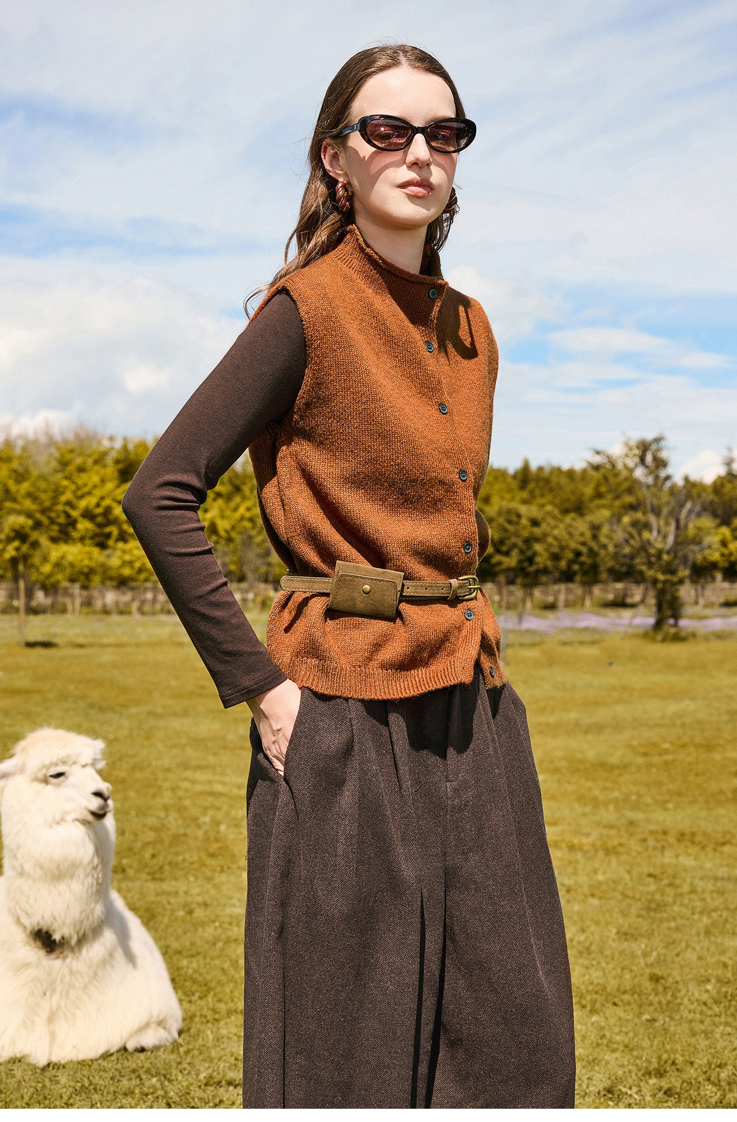KAMILAN Retro-style women's 2025 autumn new collection base-knit top + vest + casual pants three-piece set